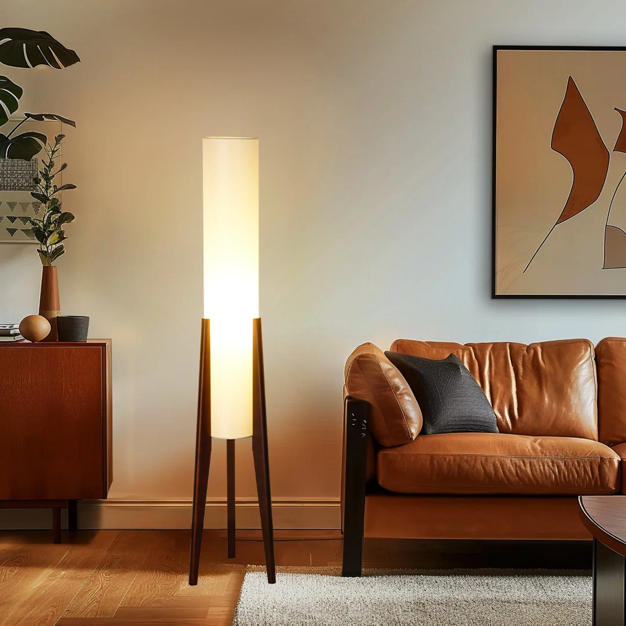 Modern Cylinder Floor Lamp with Wooden Tripod Legs - Image 3
