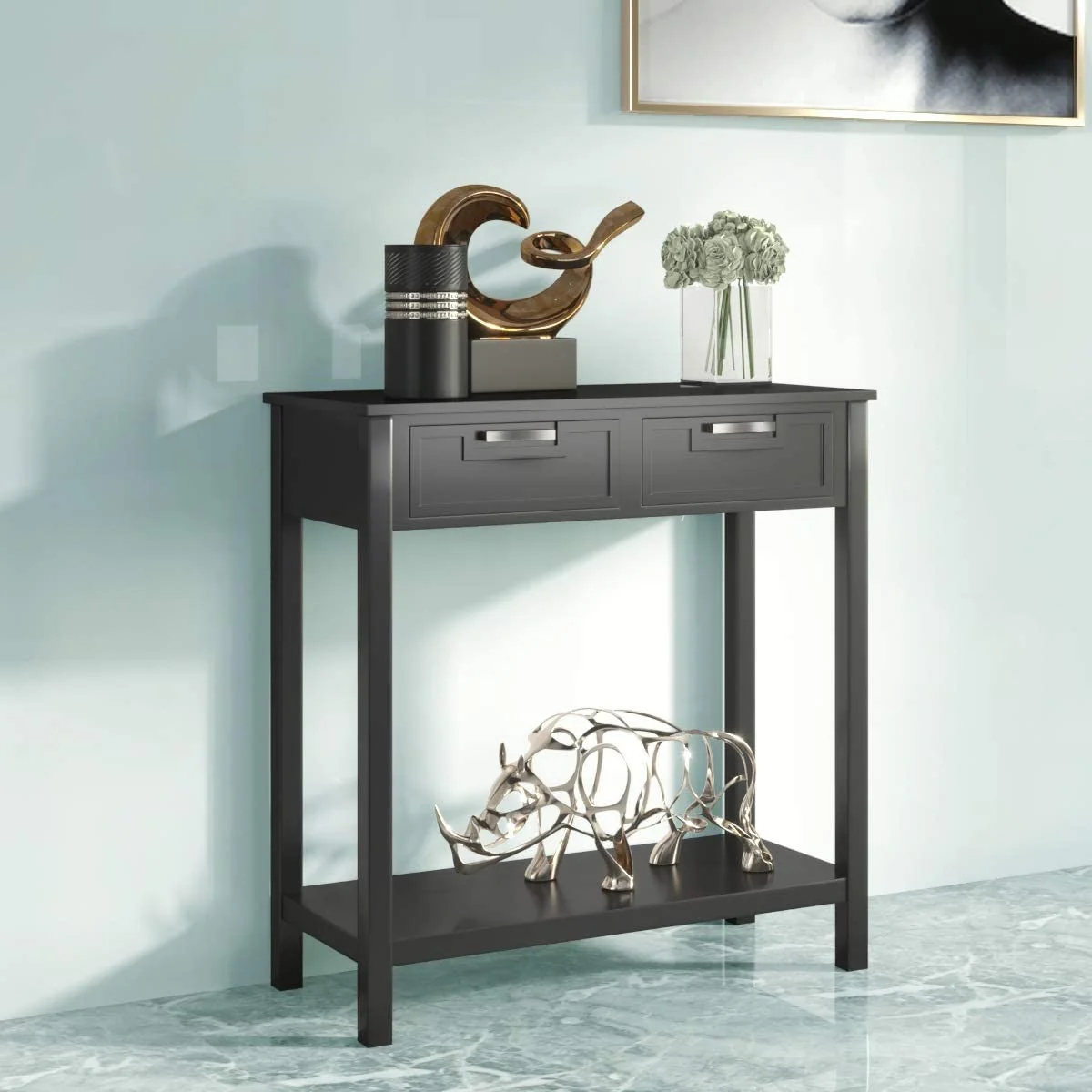 Modern Entryway Accent 2 Drawer Sofa Side Table Black - Image 3