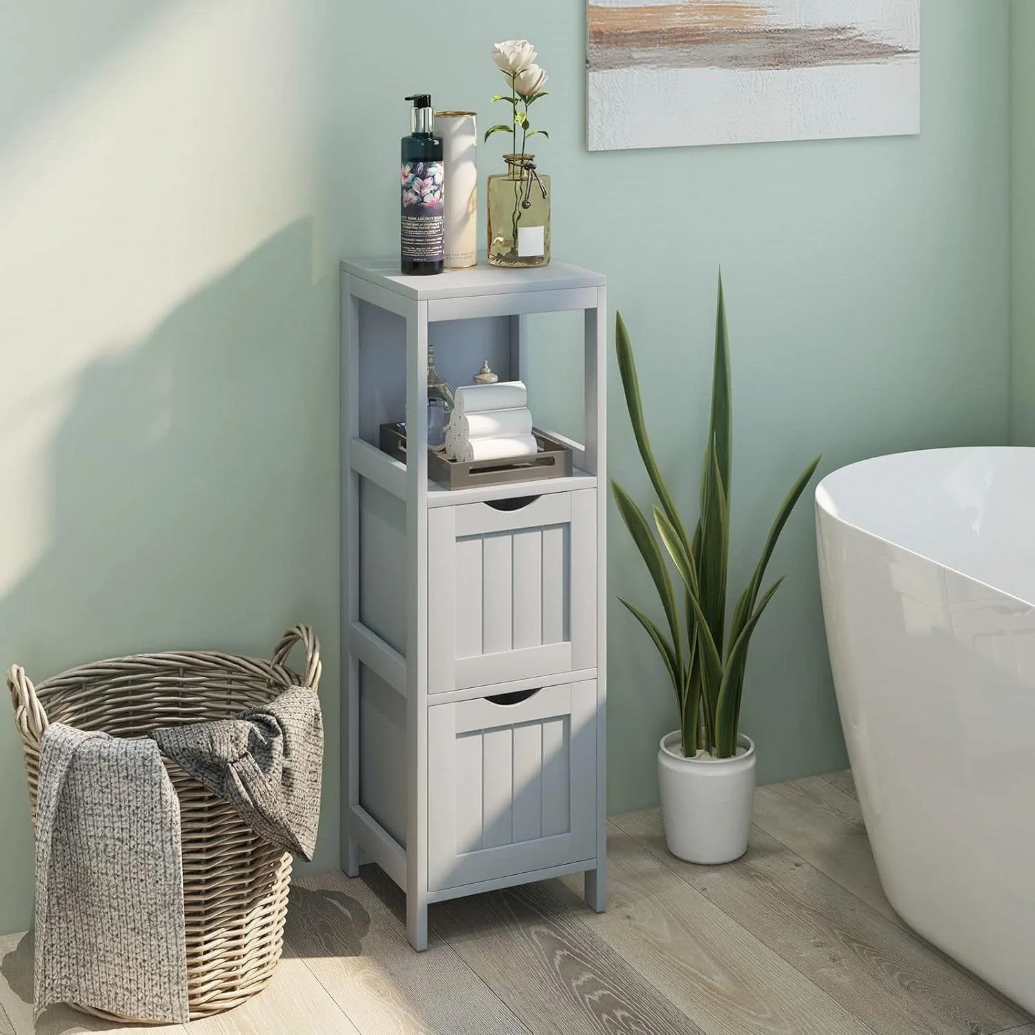 Modern Farmhouse 2-Drawer Bathroom Floor Cabinet with Shelf in Grey Wood Finish - Image 2