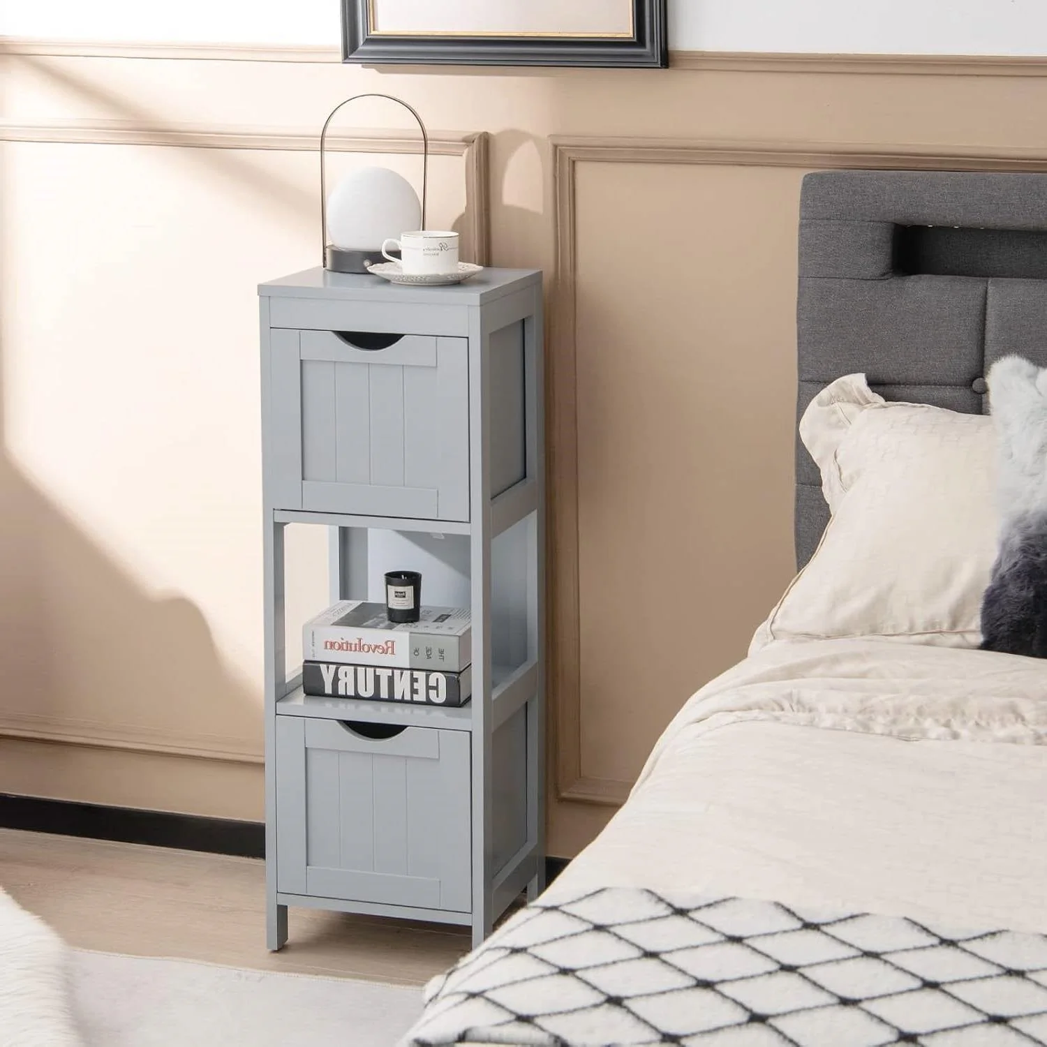 Modern Farmhouse 2-Drawer Bathroom Floor Cabinet with Shelf in Grey Wood Finish - Image 3