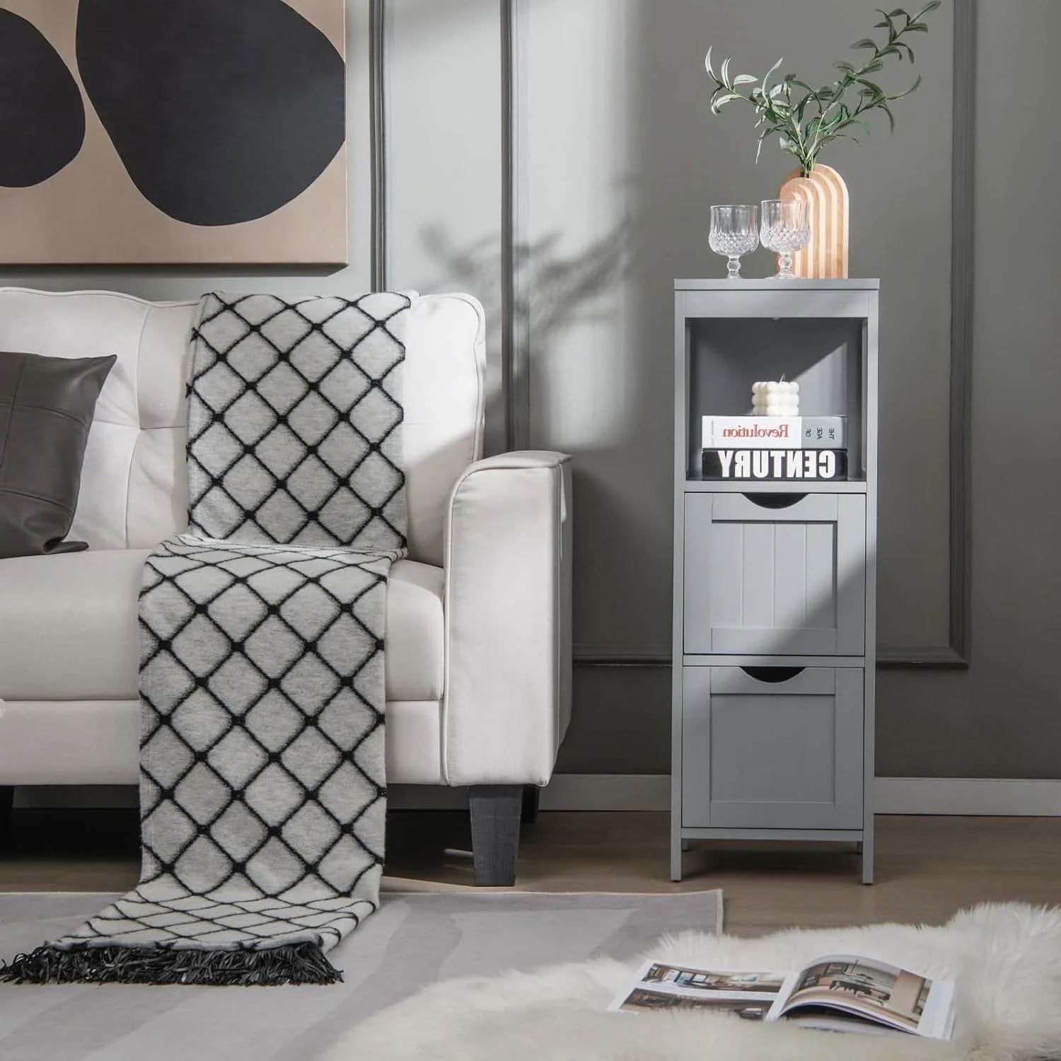 Modern Farmhouse 2-Drawer Bathroom Floor Cabinet with Shelf in Grey Wood Finish - Image 4