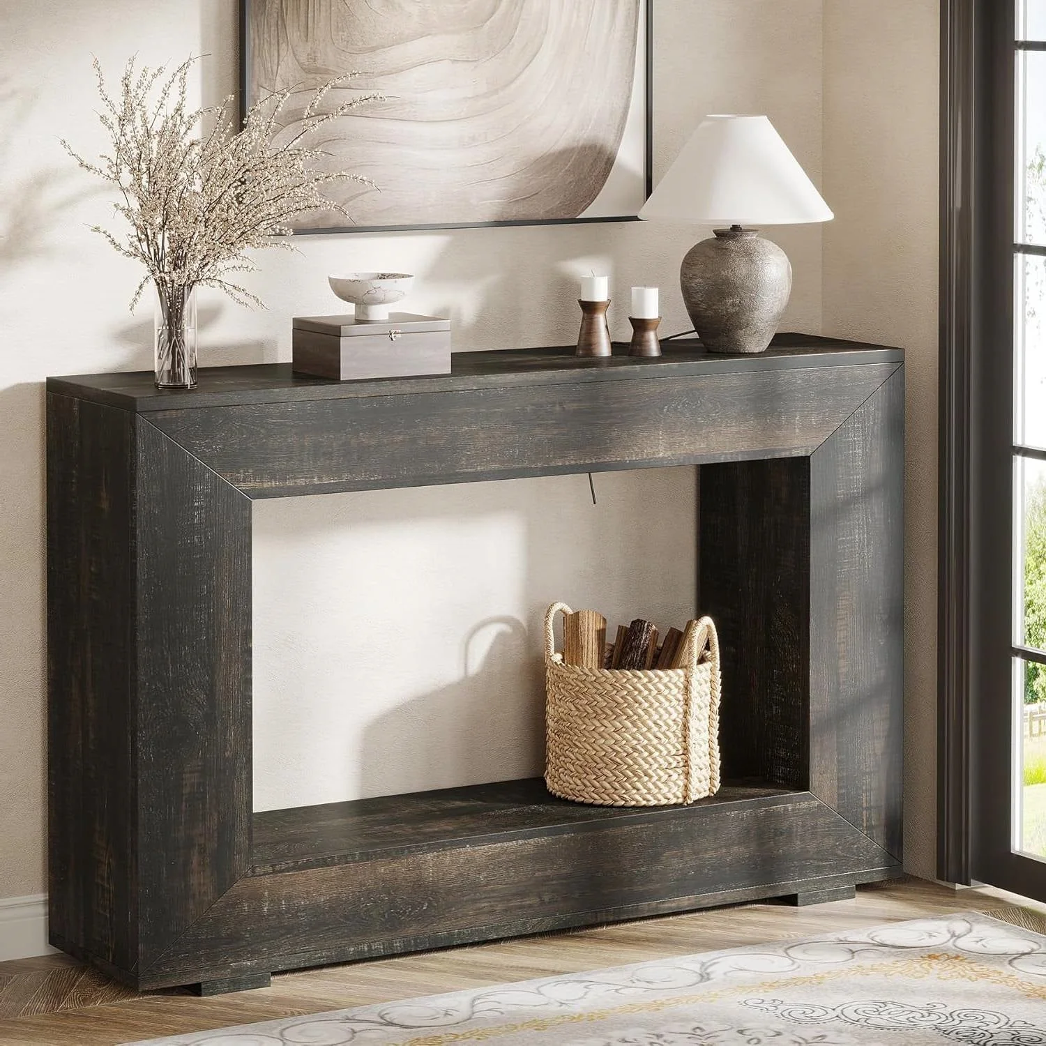 Modern Farmhouse 47-inch Long Sofa Table in Dark Grey Black Wood Finish - Image 3