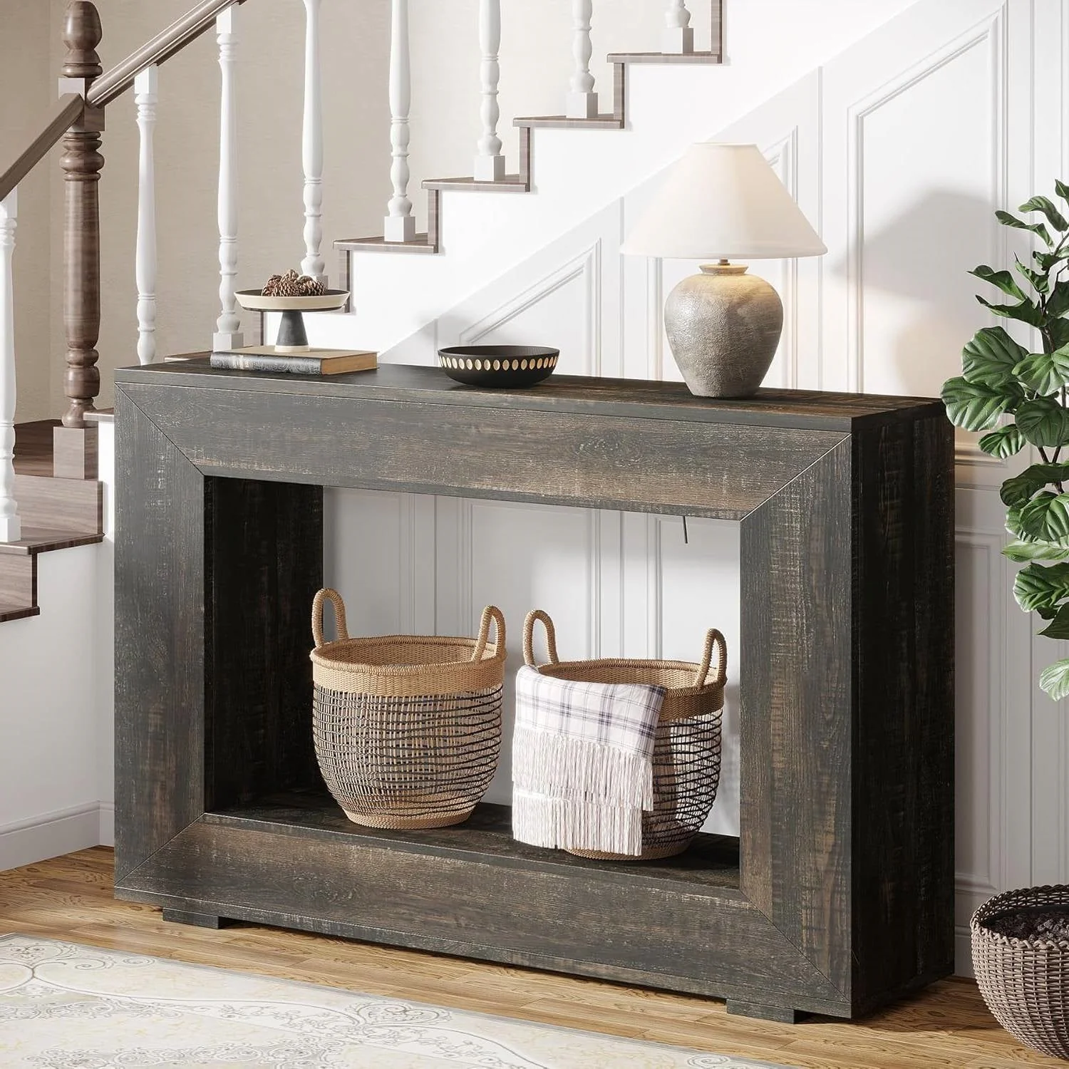 Modern Farmhouse 47-inch Long Sofa Table in Dark Grey Black Wood Finish - Image 4