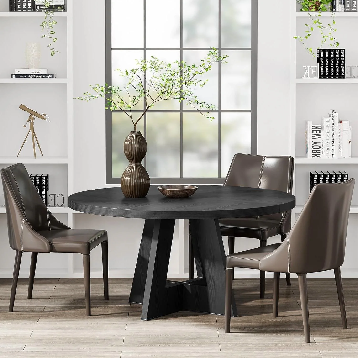 Modern Farmhouse 47-inch Round Kitchen Dining Table in Black Wood Finish - Image 3