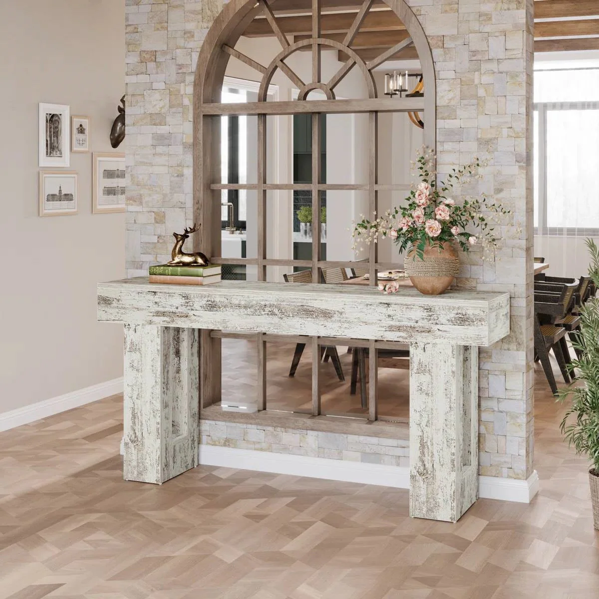 Modern Farmhouse 63-inch Console Sofa Table in Rustic White Wood Finish - Image 2