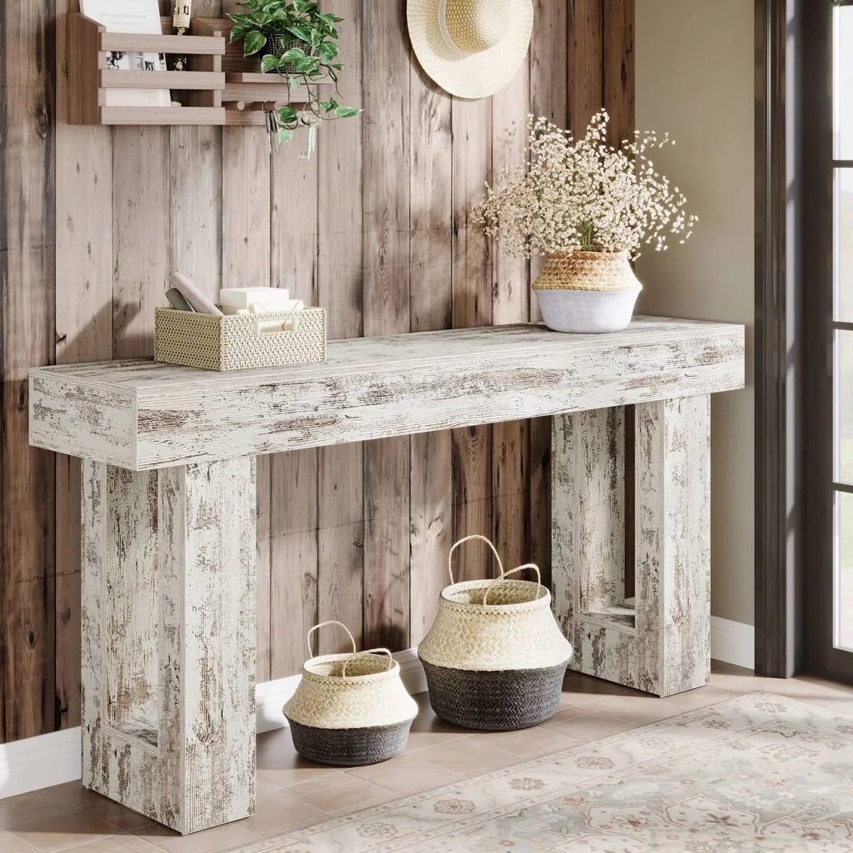 Modern Farmhouse 63-inch Console Sofa Table in Rustic White Wood Finish - Image 3