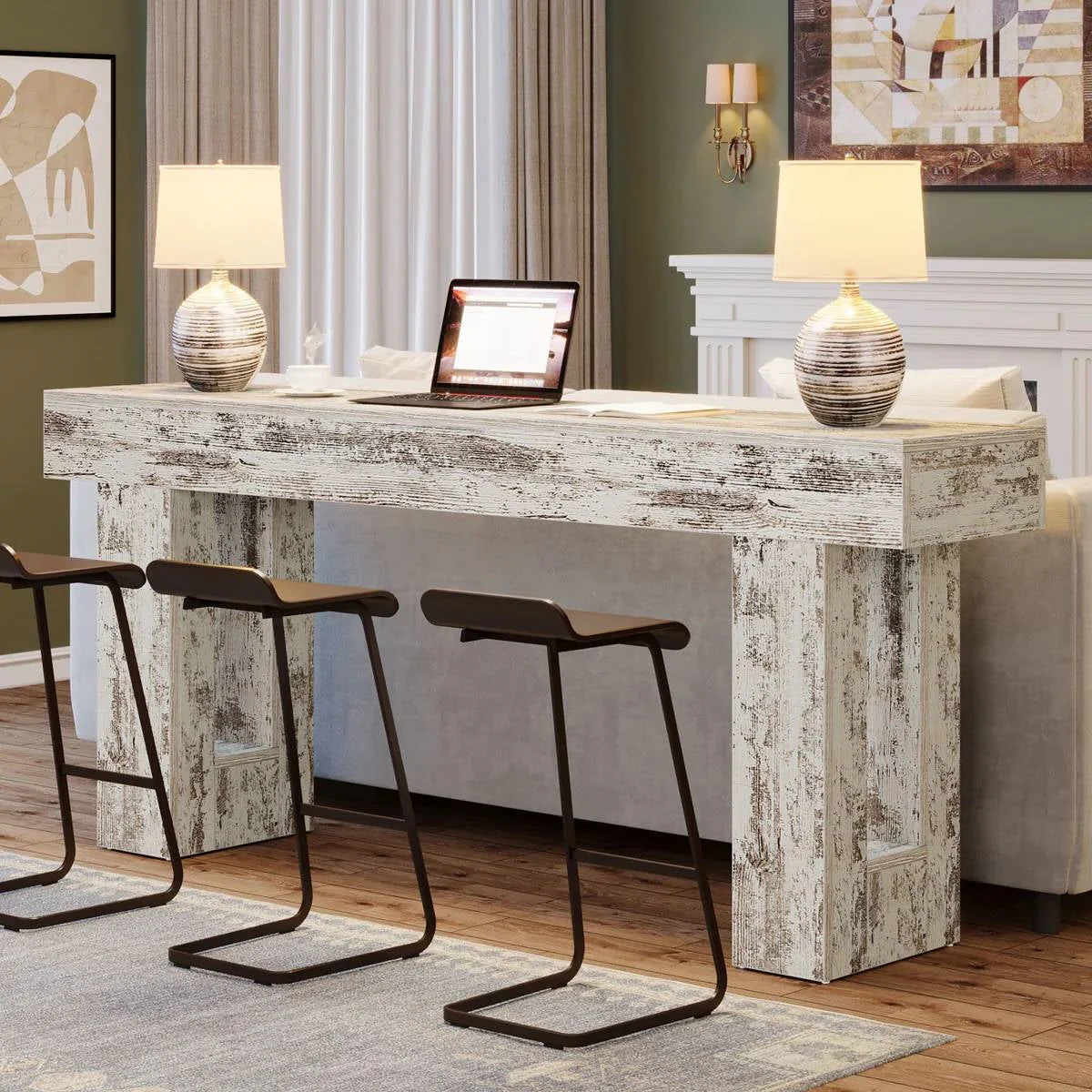 Modern Farmhouse 63-inch Console Sofa Table in Rustic White Wood Finish - Image 4
