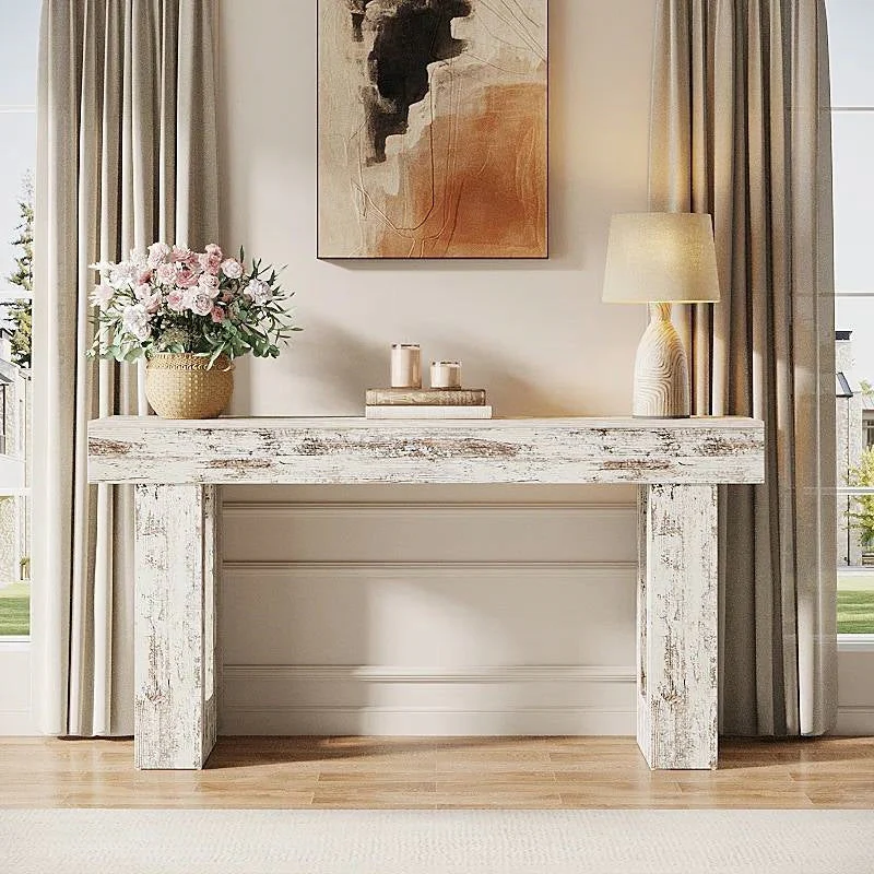 Modern Farmhouse 63-inch Console Sofa Table in Rustic White Wood Finish - Image 5