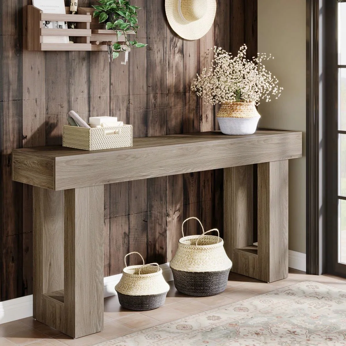 Modern Farmhouse 63-inch Entryway Console Sofa Table in Grey Wood Finish - Image 4