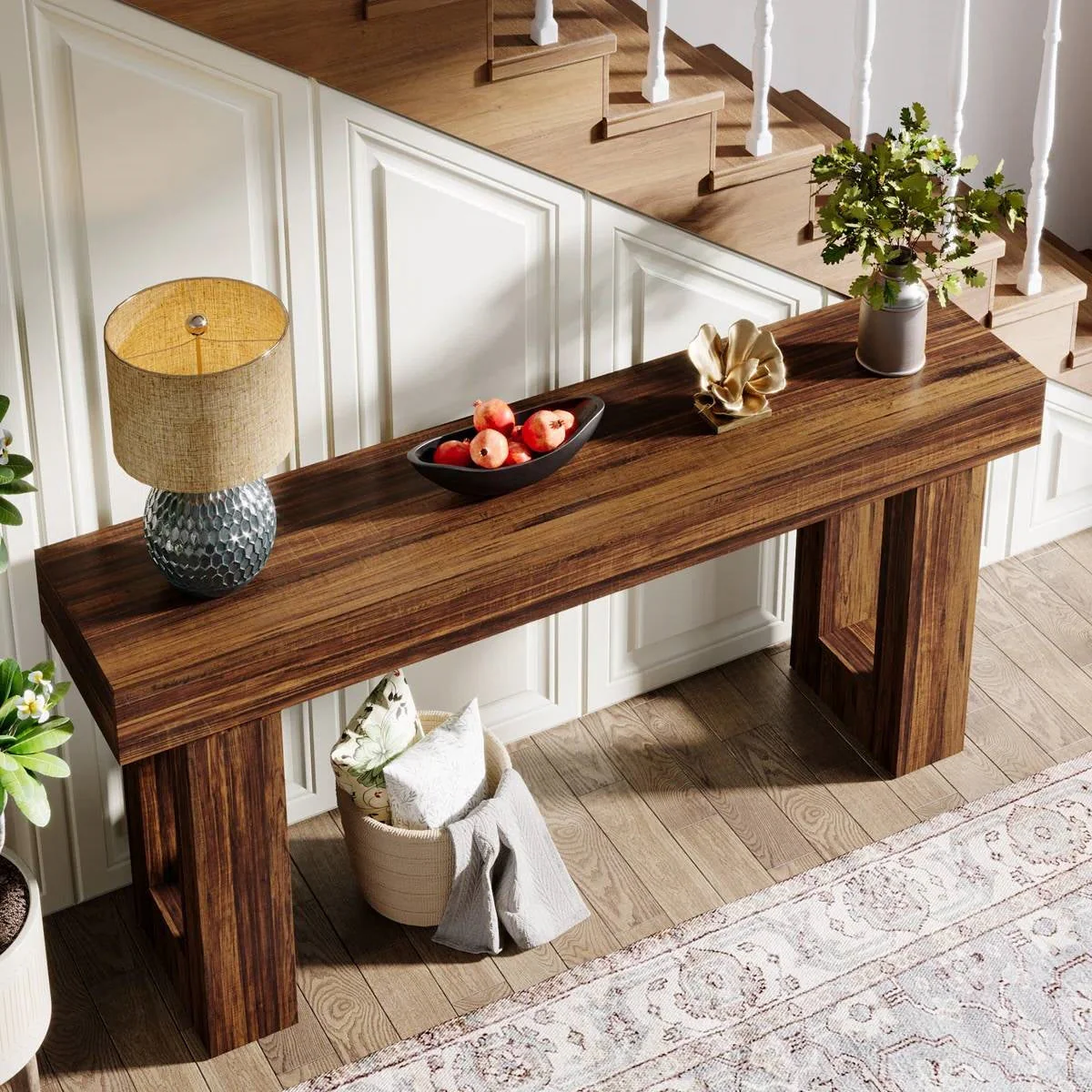 Modern Farmhouse 63-inch Long Narrow Console Sofa Table in Brown Wood Finish - Image 3