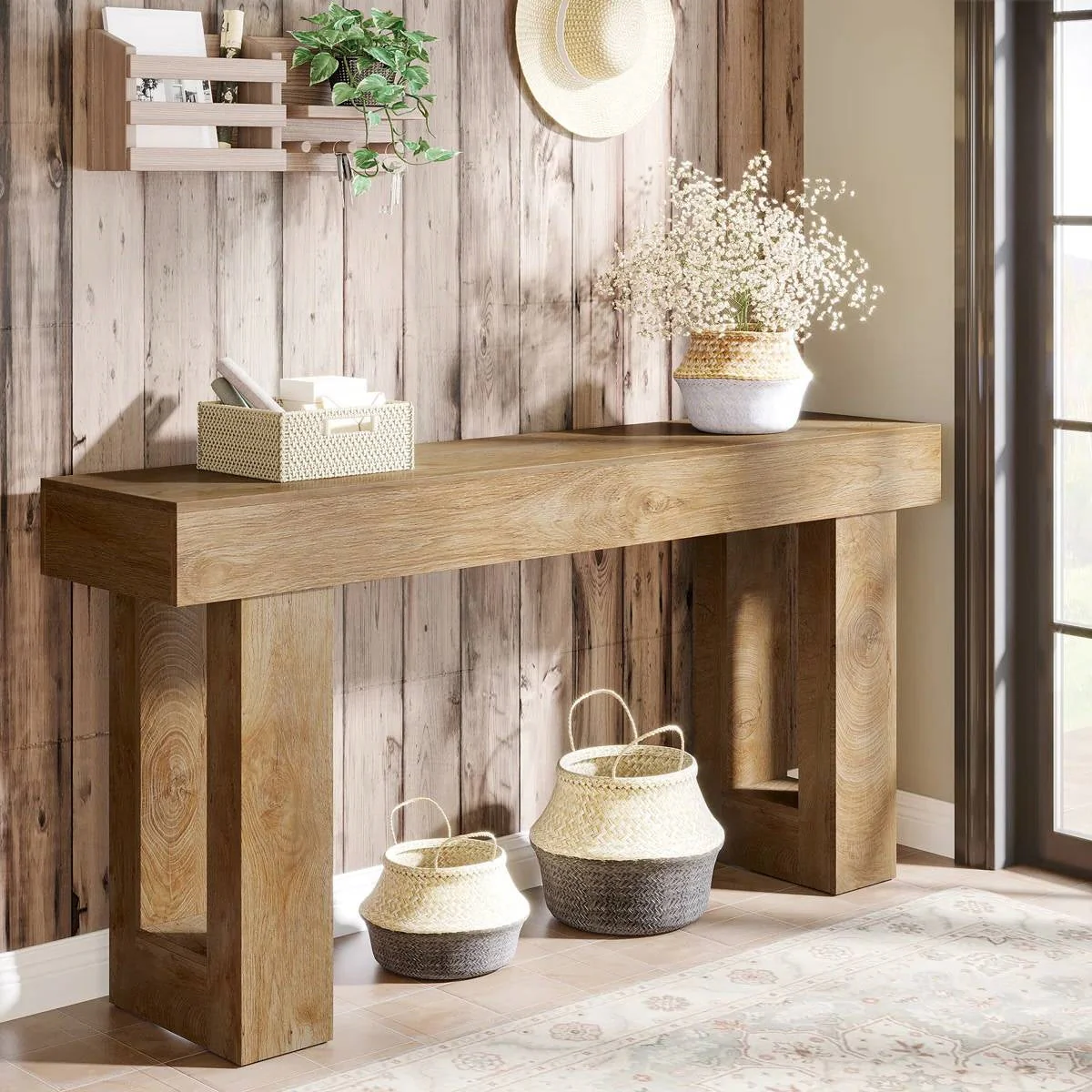 Modern Farmhouse 63-inch Long Narrow Console Sofa Table in Natural Wood Finish - Image 2
