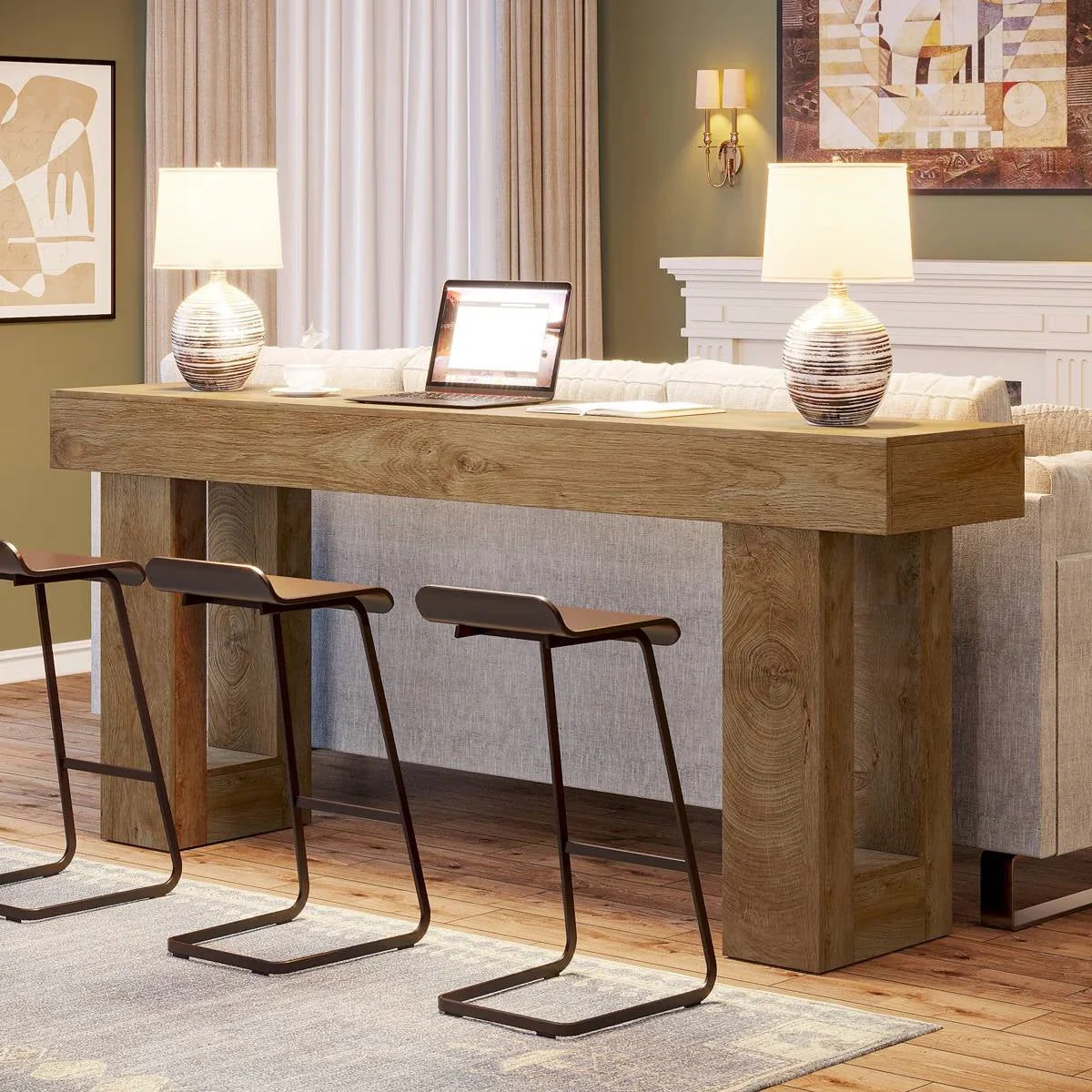 Modern Farmhouse 63-inch Long Narrow Console Sofa Table in Natural Wood Finish - Image 3