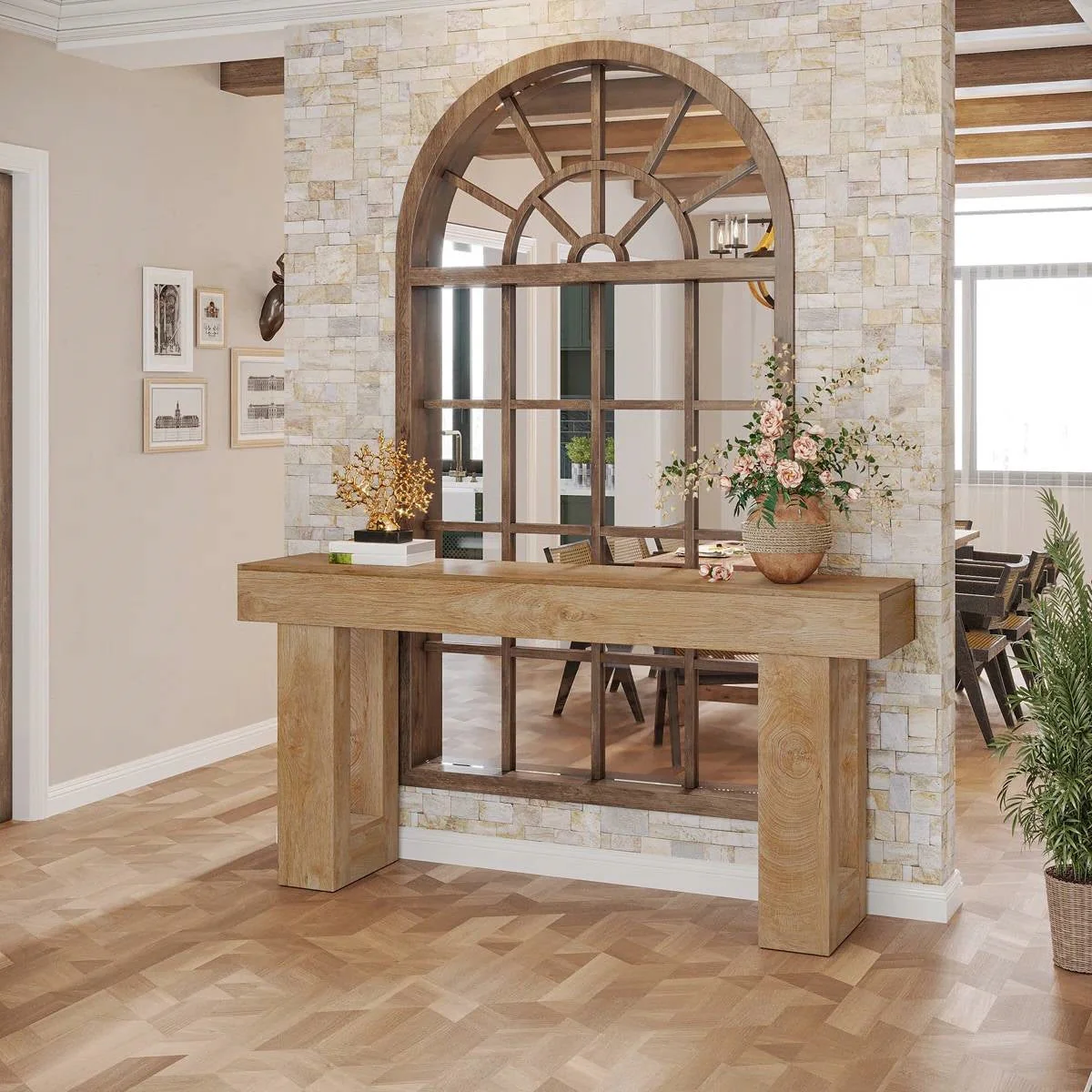 Modern Farmhouse 63-inch Long Narrow Console Sofa Table in Natural Wood Finish - Image 4