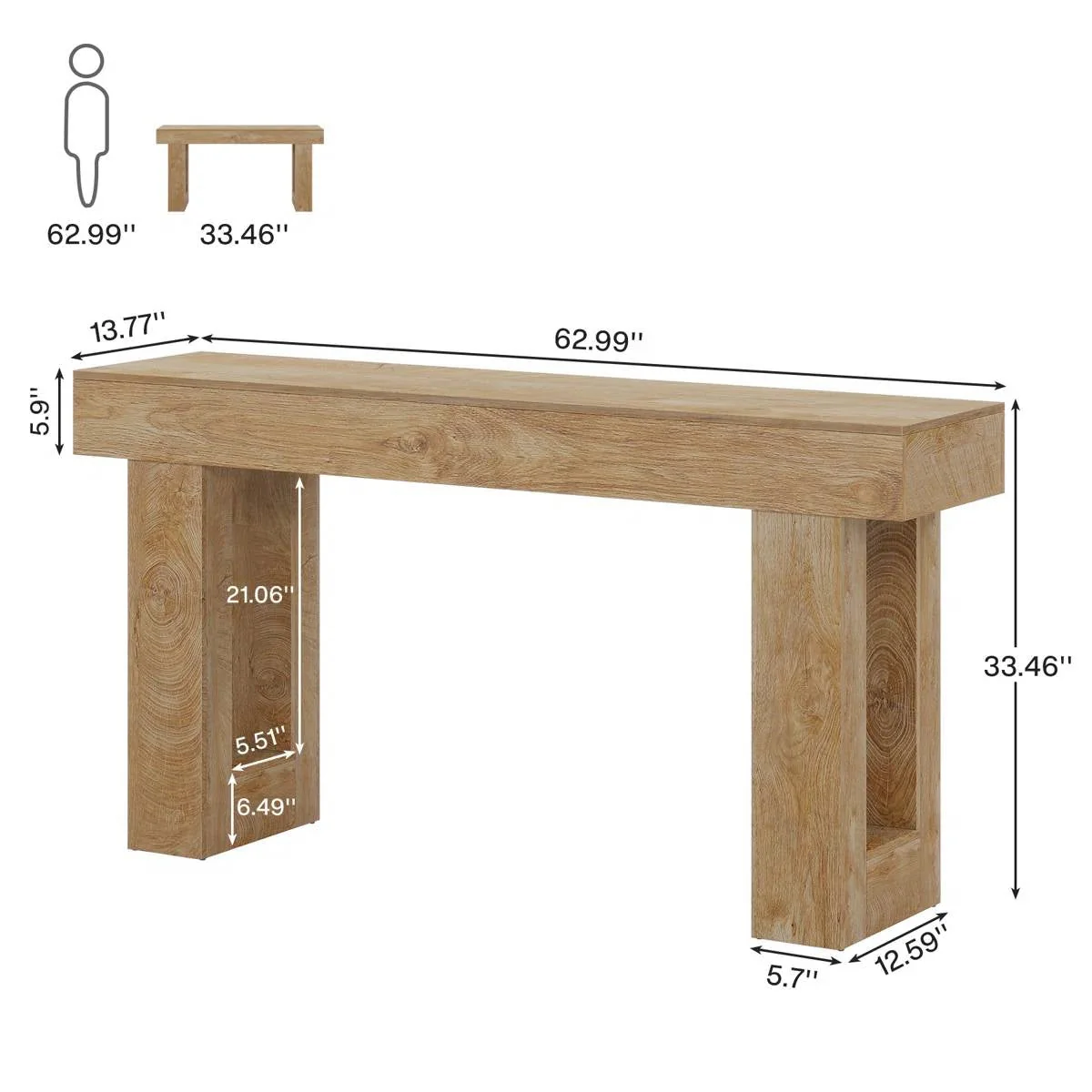 Modern Farmhouse 63-inch Long Narrow Console Sofa Table in Natural Wood Finish - Image 5
