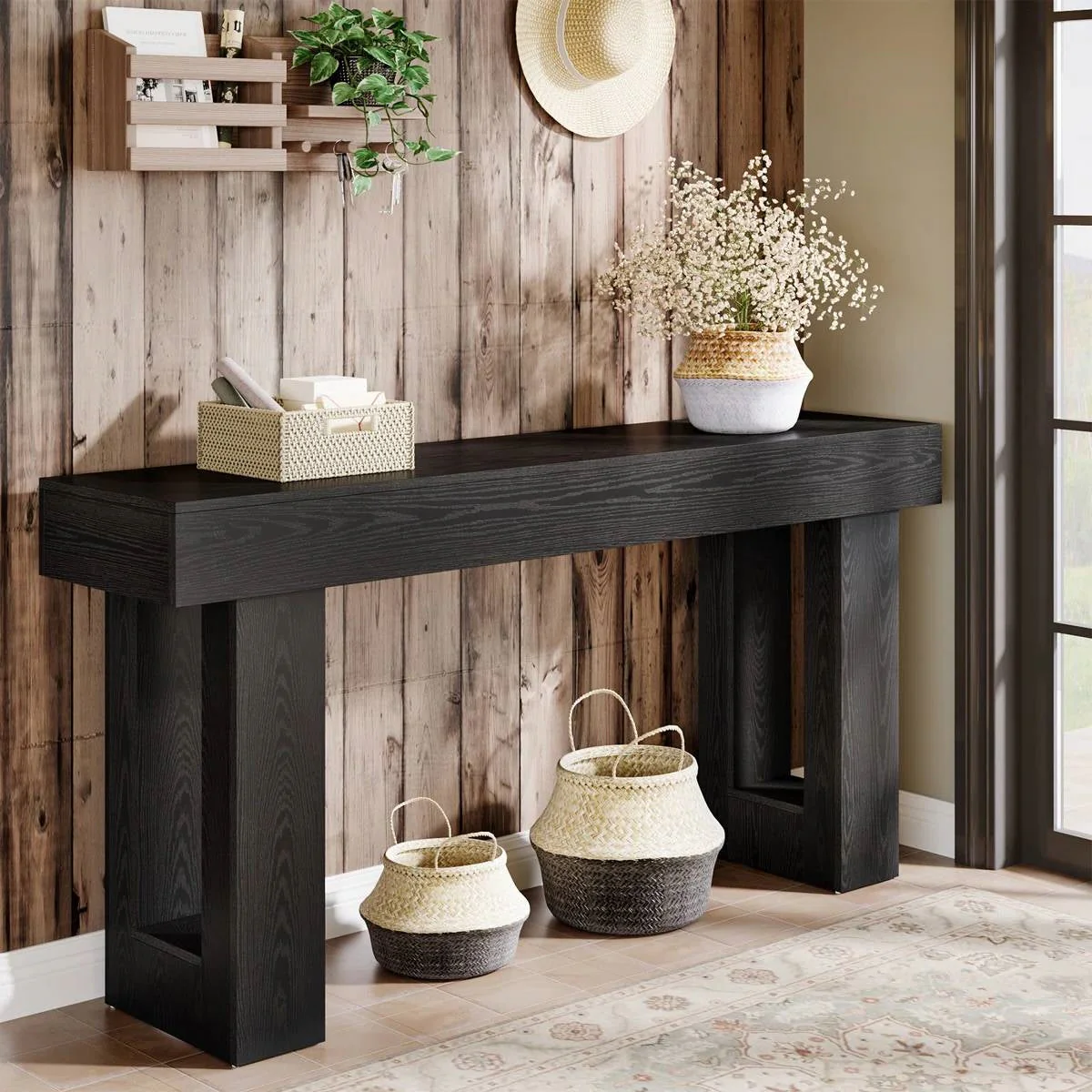 Modern Farmhouse 63-inch Narrow Entryway Console Sofa Table in Black Wood Finish - Image 2
