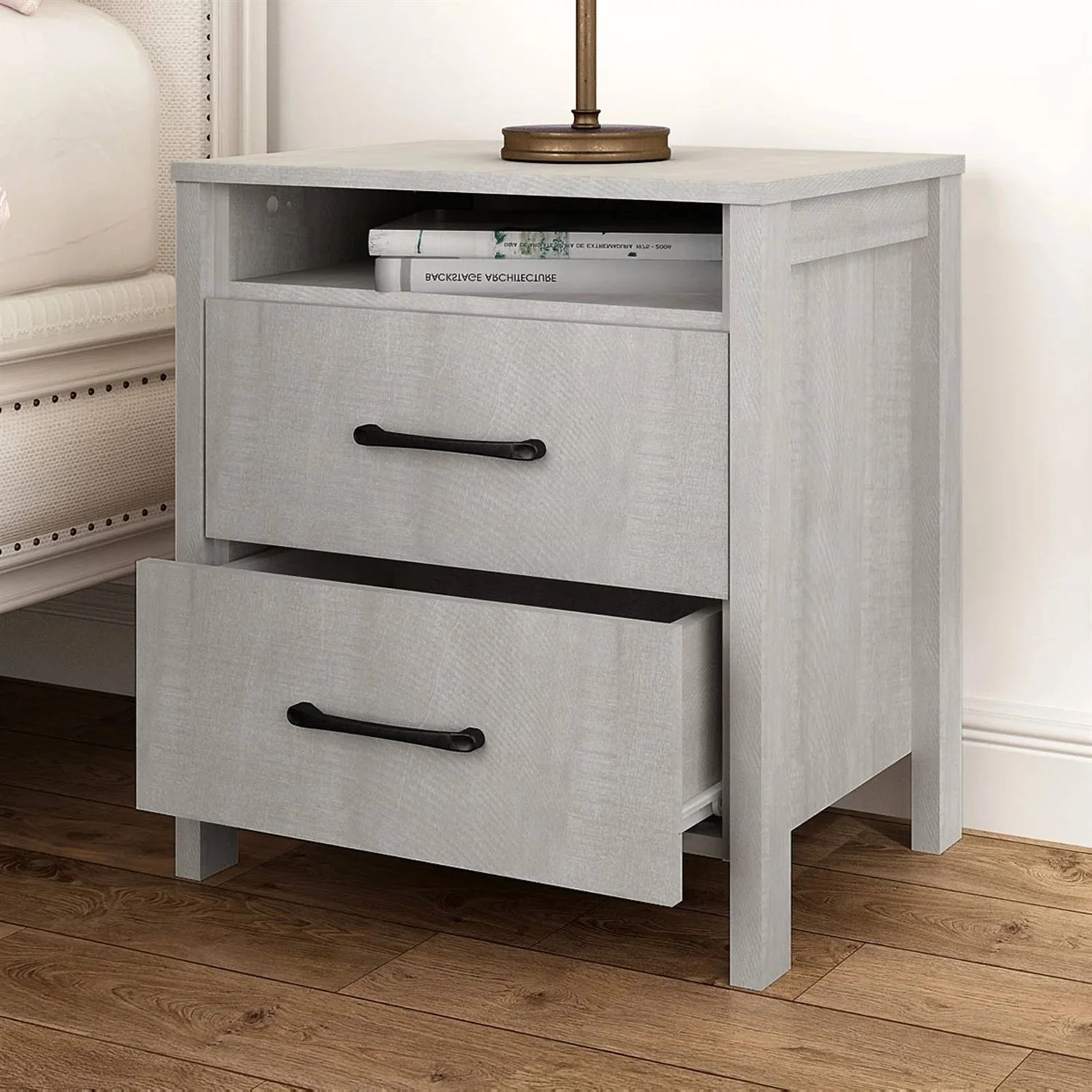 Modern Farmhouse Bedroom 2-Drawer Bedside Table Nightstand in Grey Wood Finish - Image 2