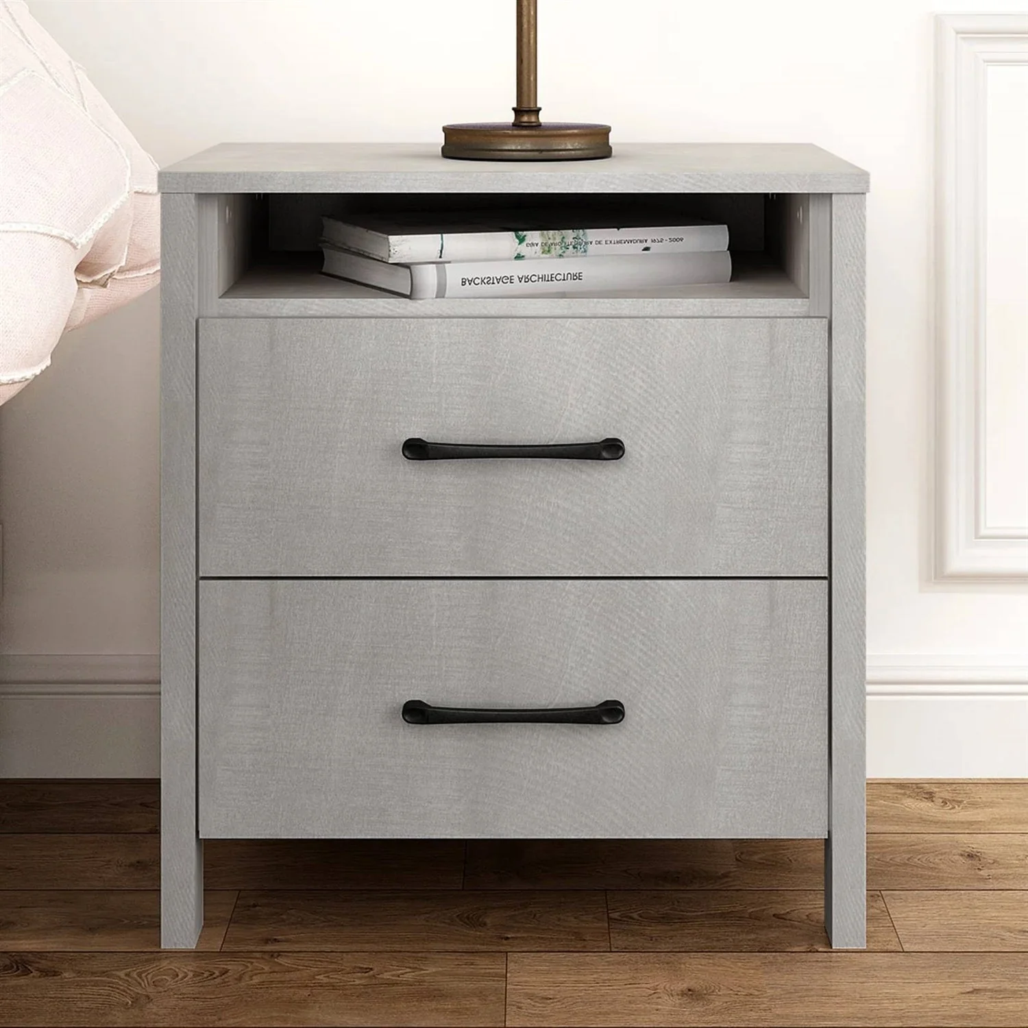 Modern Farmhouse Bedroom 2-Drawer Bedside Table Nightstand in Grey Wood Finish - Image 3