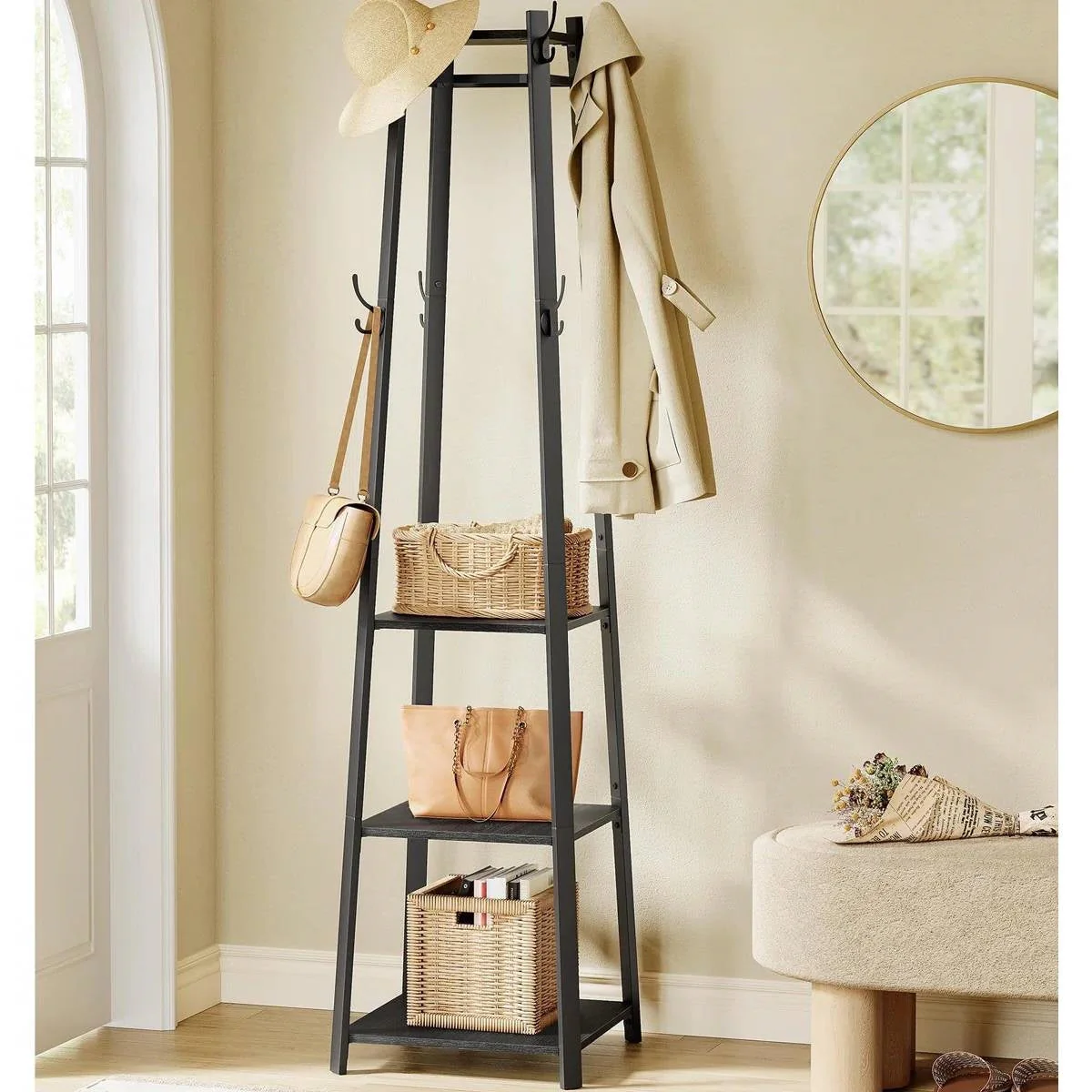 Modern Farmhouse Black Metal Coat Rack Entryway Hall Tree with Grey Wood Shelves - Image 2