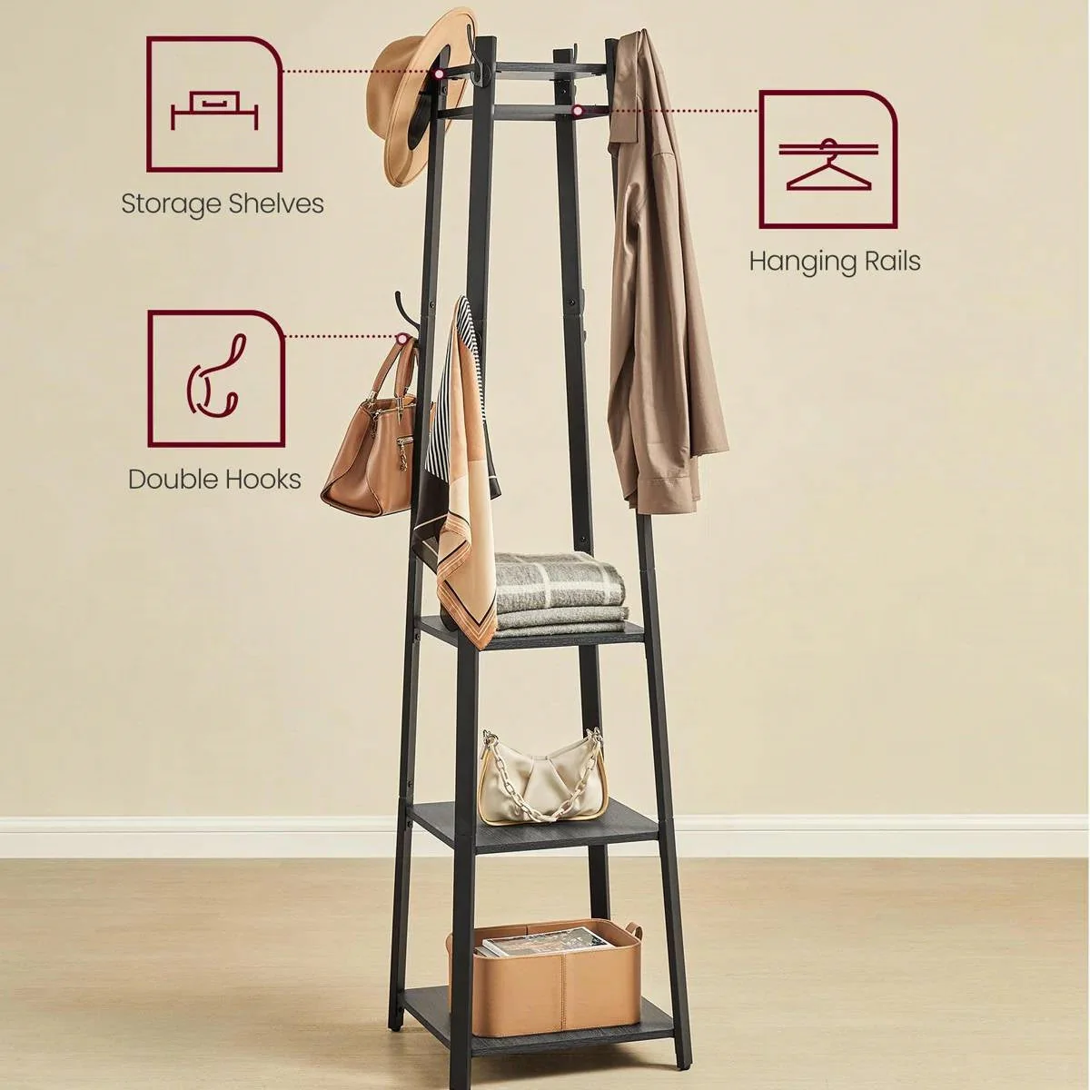 Modern Farmhouse Black Metal Coat Rack Entryway Hall Tree with Grey Wood Shelves - Image 3