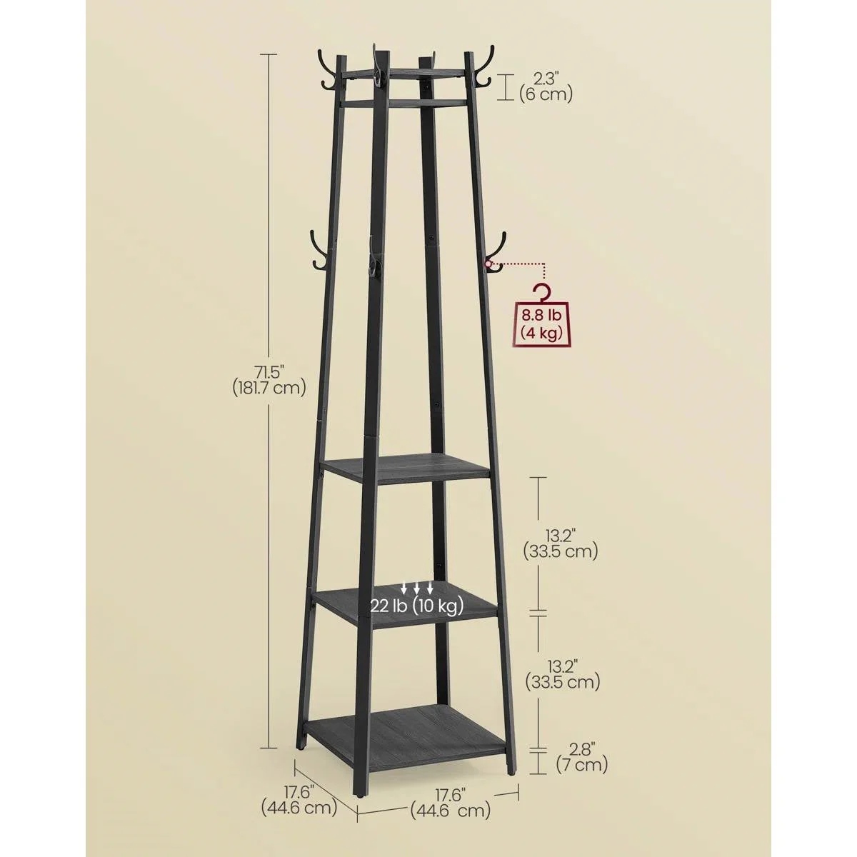 Modern Farmhouse Black Metal Coat Rack Entryway Hall Tree with Grey Wood Shelves - Image 5