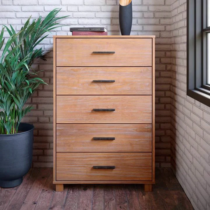 Modern Farmhouse Solid Wood 5 Drawer Bedroom Chest in Light Brown Finish - Image 3