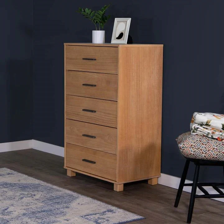 Modern Farmhouse Solid Wood 5 Drawer Bedroom Chest in Light Brown Finish - Image 4