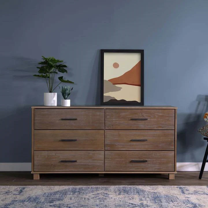 Modern Farmhouse Solid Wood 6 Drawer Double Dresser in Rustic Pine Finish - Image 4
