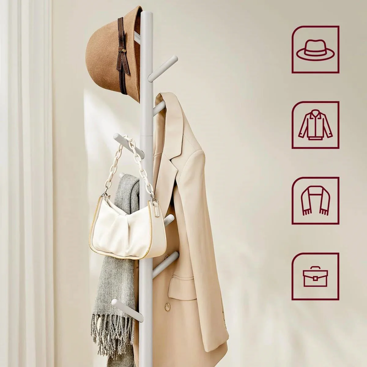 Modern Farmhouse Solid Wood Coat Rack Entryway Hall Tree Hat Stand in Light Grey - Image 3