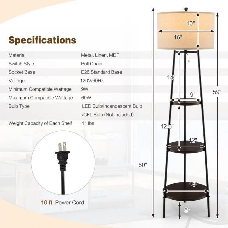 Modern Floor Lamp 3-Tier Bookcase Shelf with Round Drum Linen Lampshade - Image 5