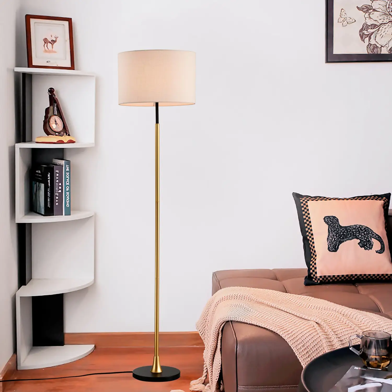 Modern Floor Lamp with Beige Fabric Shade for Living Room & Bedroom - Image 10