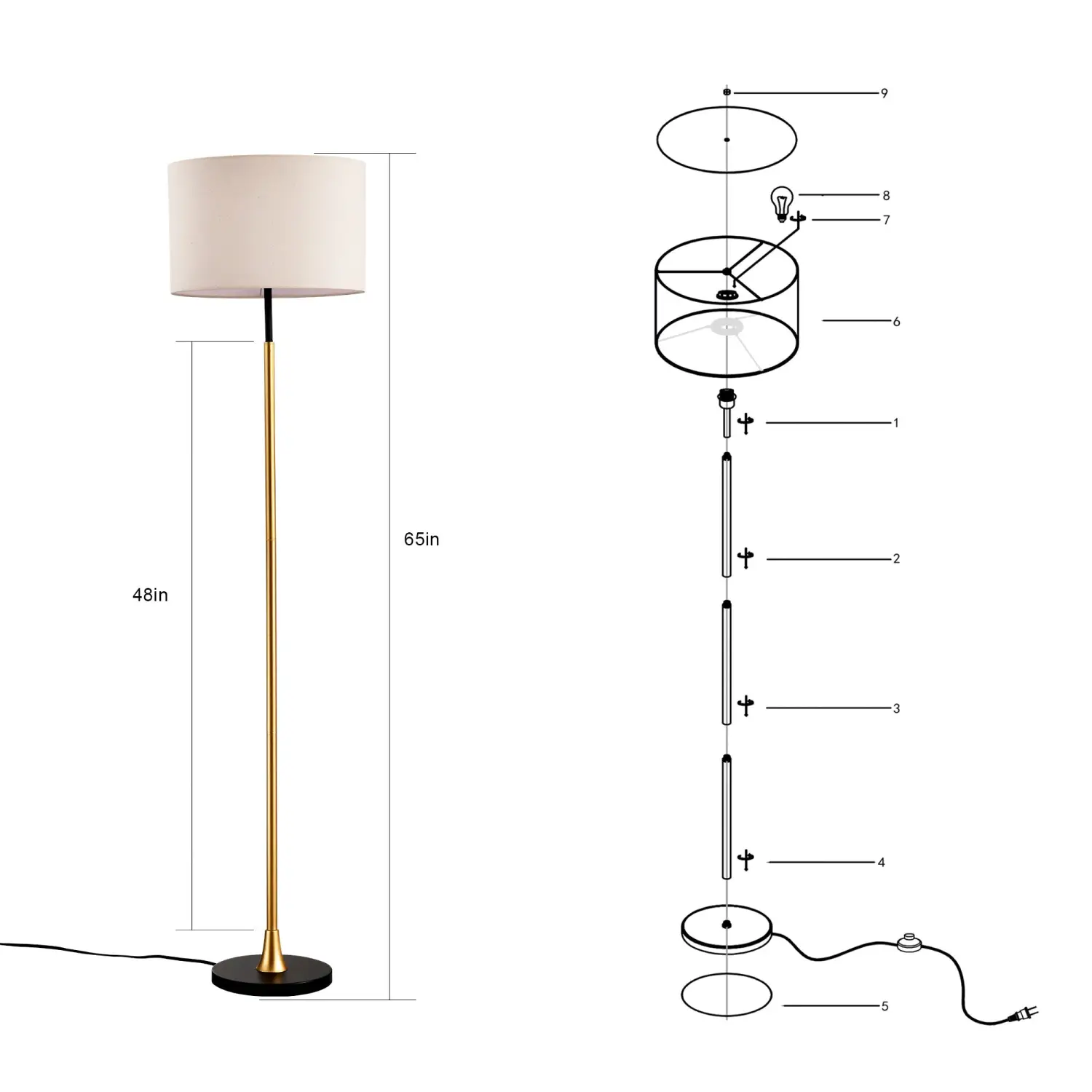 Modern Floor Lamp with Beige Fabric Shade for Living Room & Bedroom - Image 3
