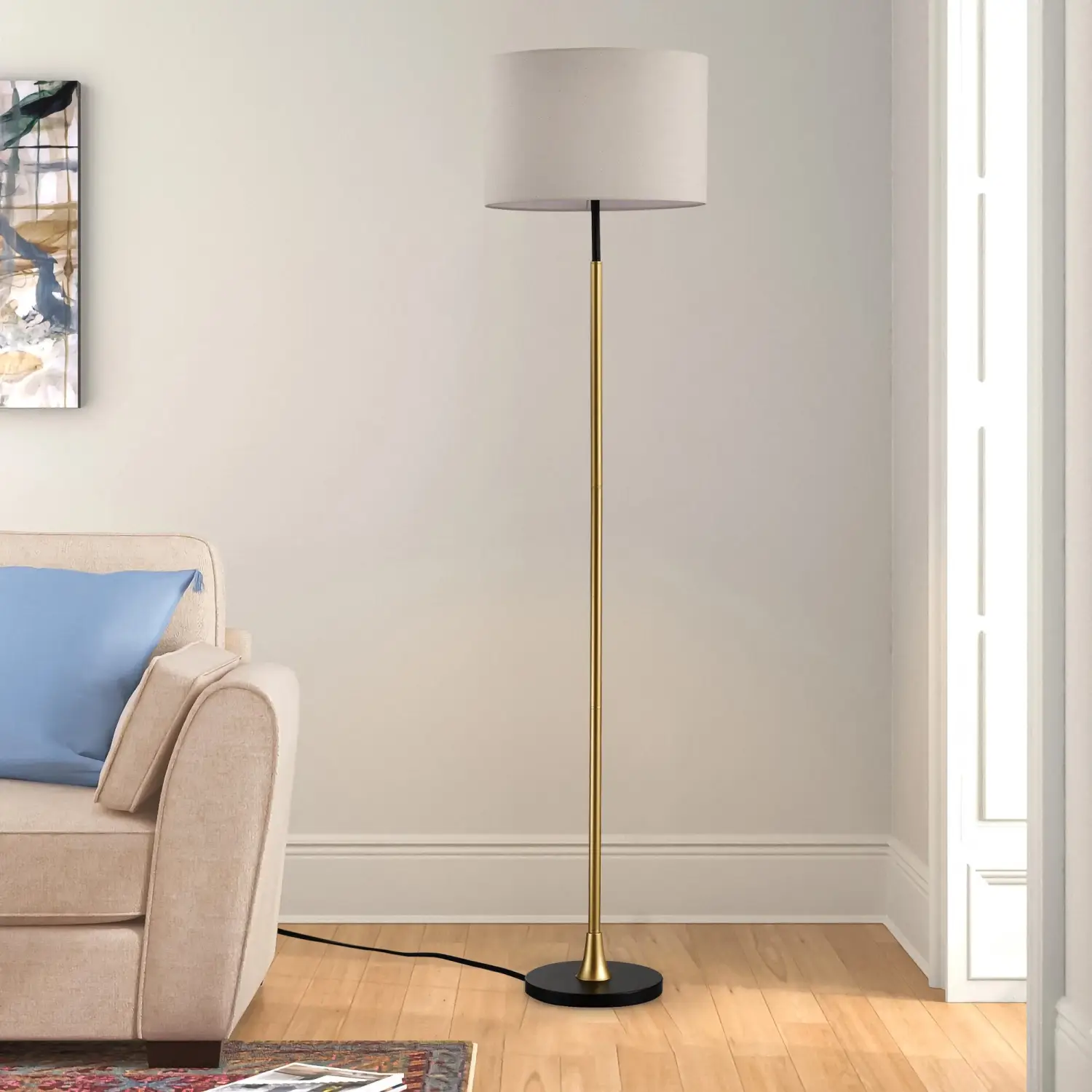 Modern Floor Lamp with Beige Fabric Shade for Living Room & Bedroom - Image 5
