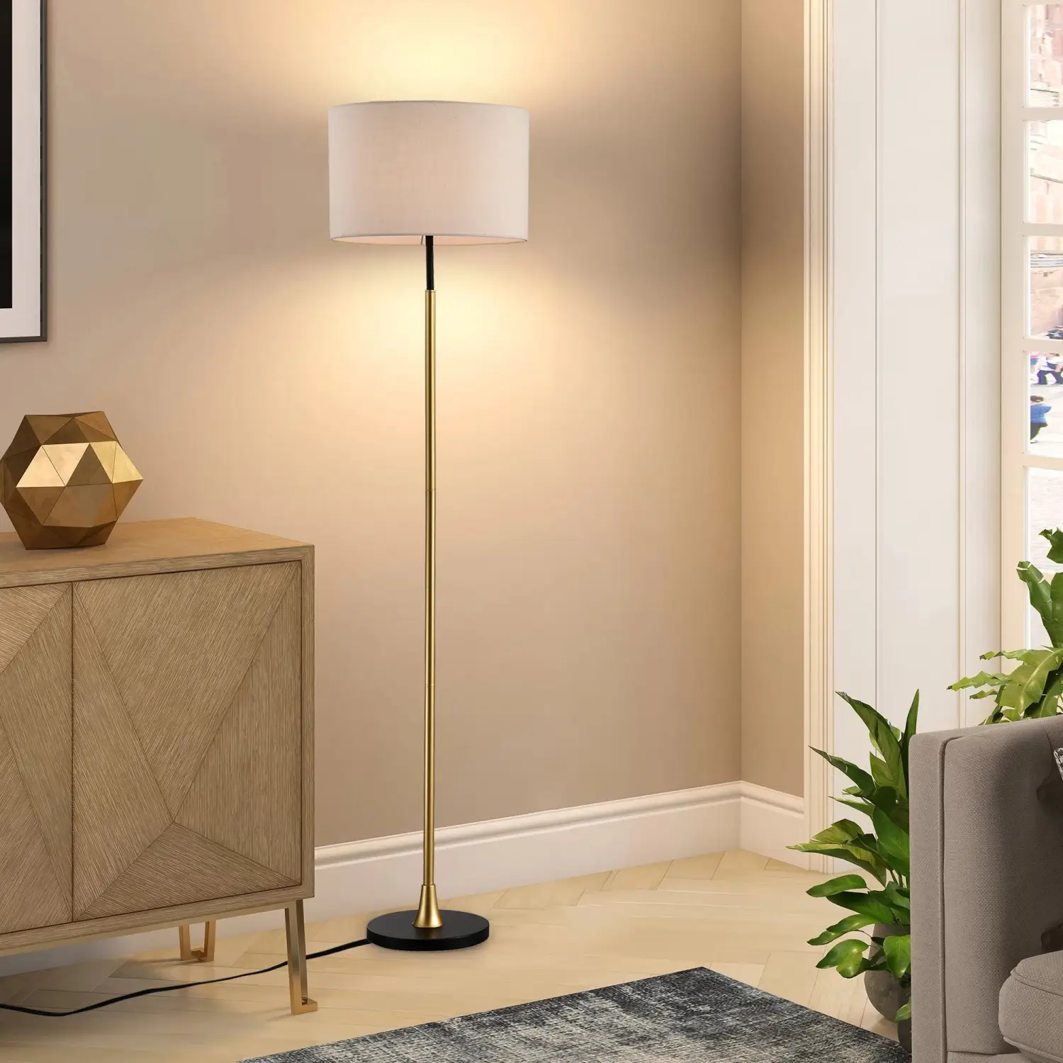 Modern Floor Lamp with Beige Fabric Shade for Living Room & Bedroom - Image 6