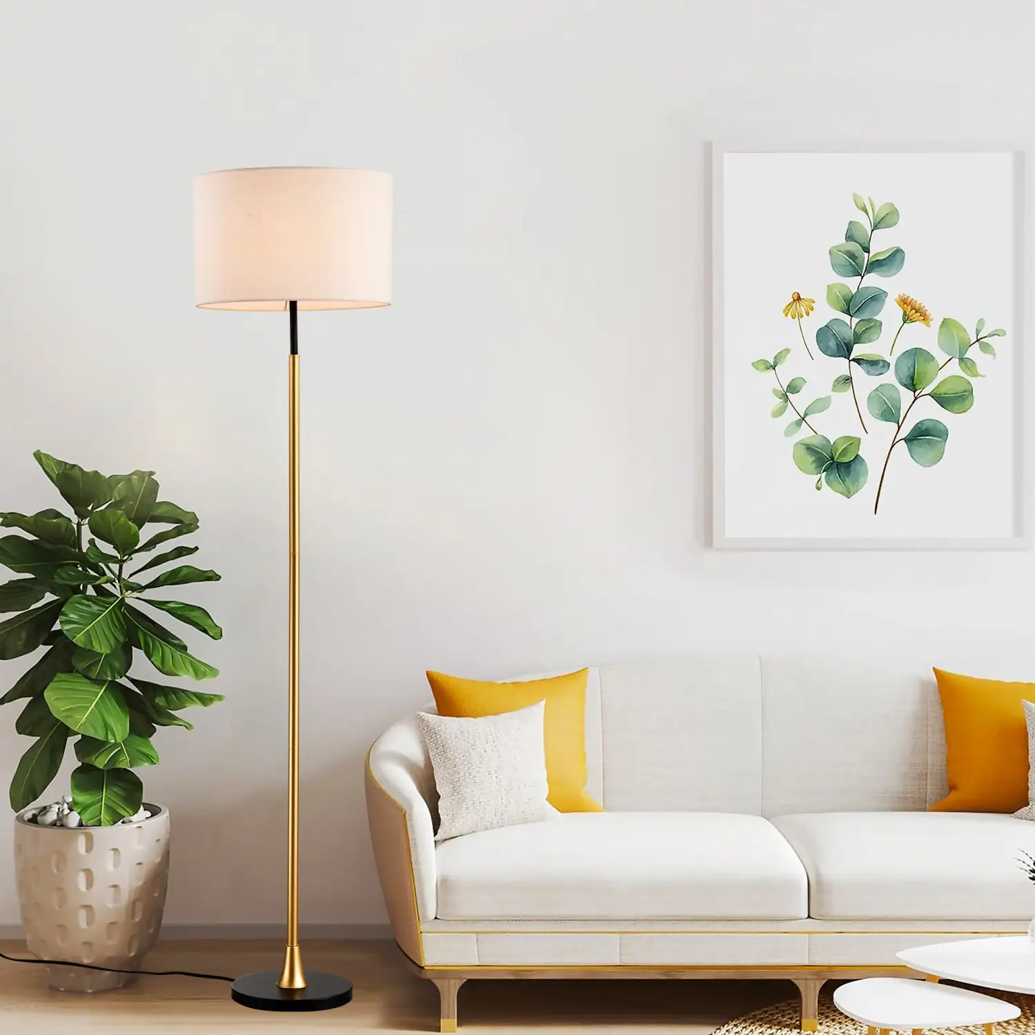 Modern Floor Lamp with Beige Fabric Shade for Living Room & Bedroom - Image 7