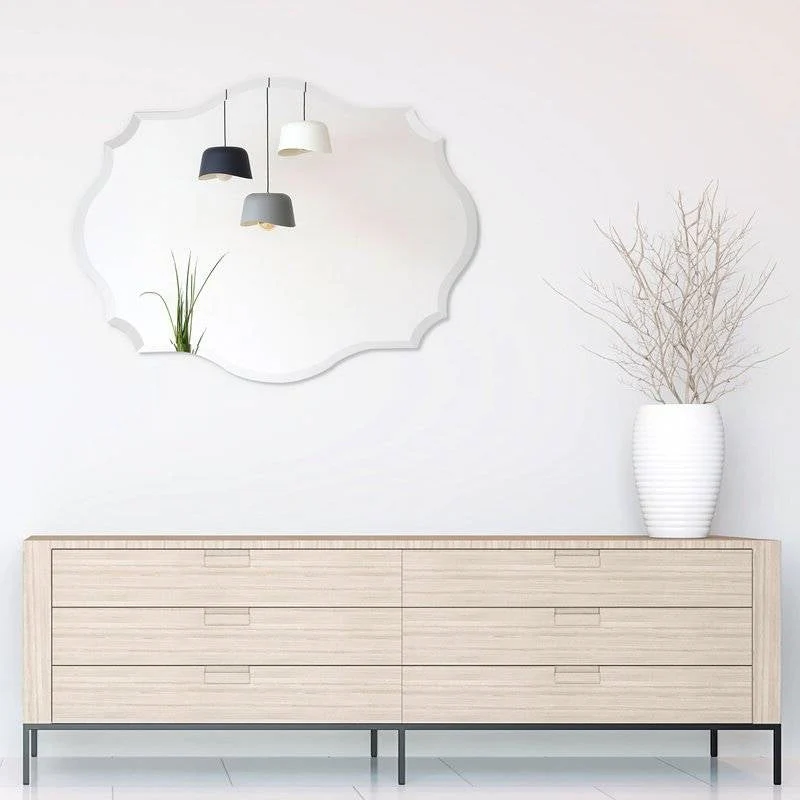 Modern Frameless 32 x 24 inch Scalloped Beveled Accent Bathroom Mirror - Image 2