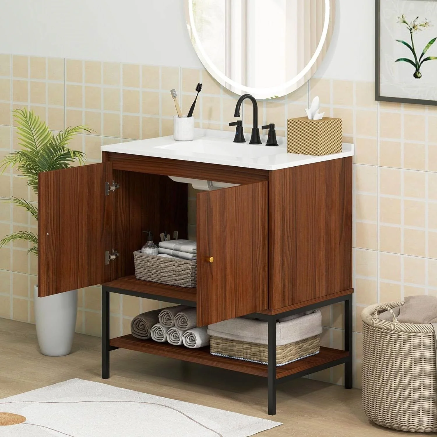Modern Freestanding Bathroom Vanity in Walnut Wood Finish with Sink and Faucet - Image 2