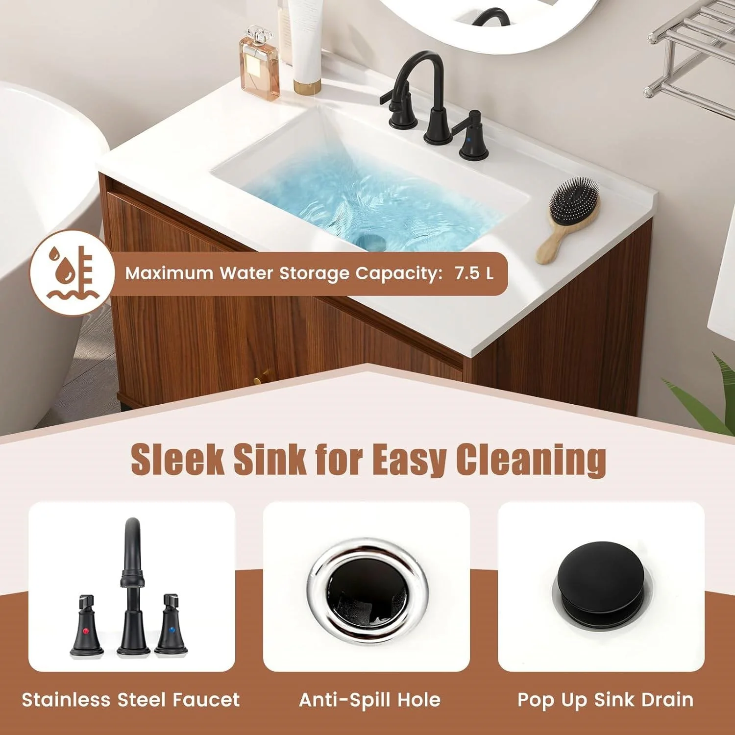Modern Freestanding Bathroom Vanity in Walnut Wood Finish with Sink and Faucet - Image 3