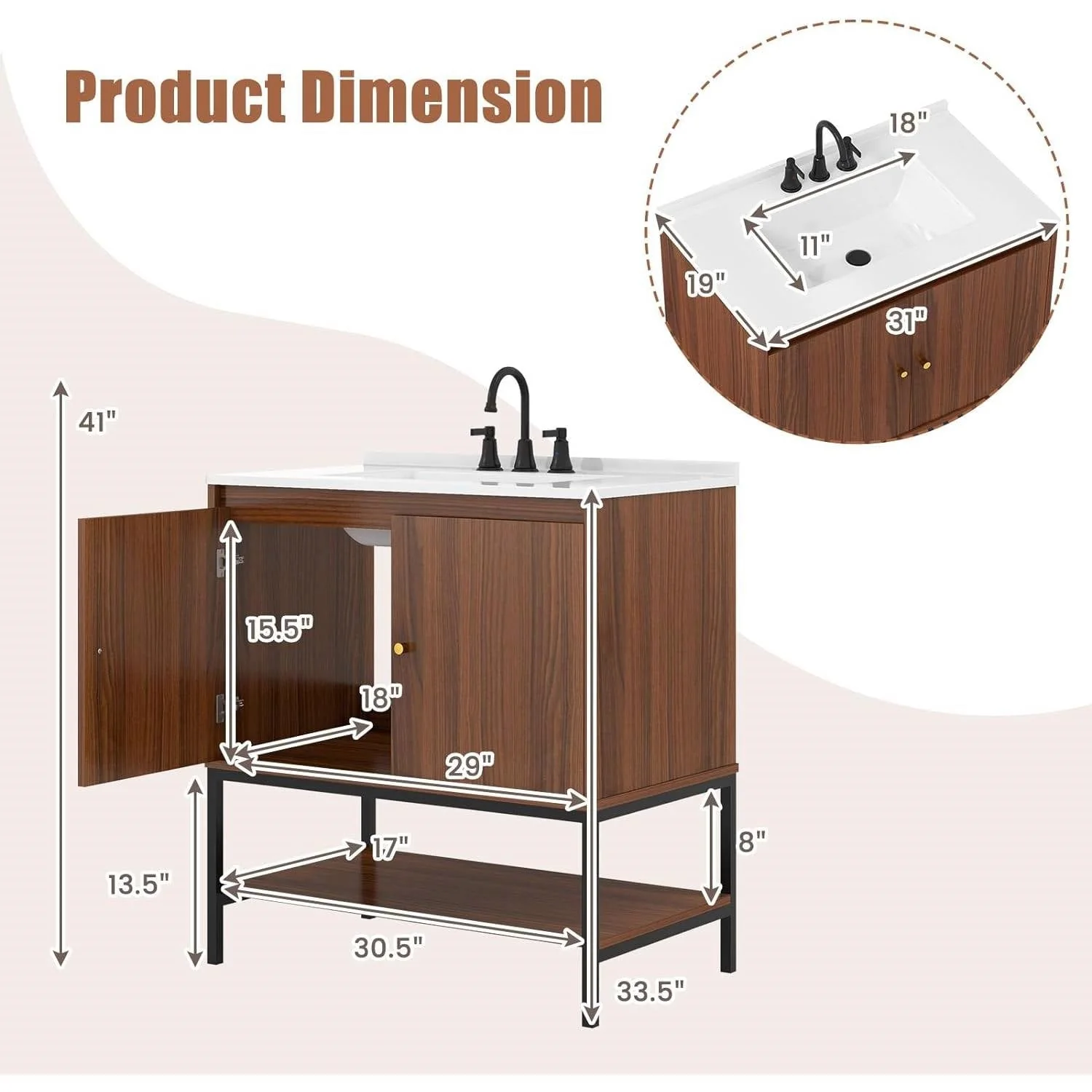 Modern Freestanding Bathroom Vanity in Walnut Wood Finish with Sink and Faucet - Image 5