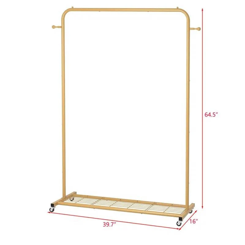 Modern Garment Rack Clothes Hanging Rod with Lockable Wheels in Gold - Image 4
