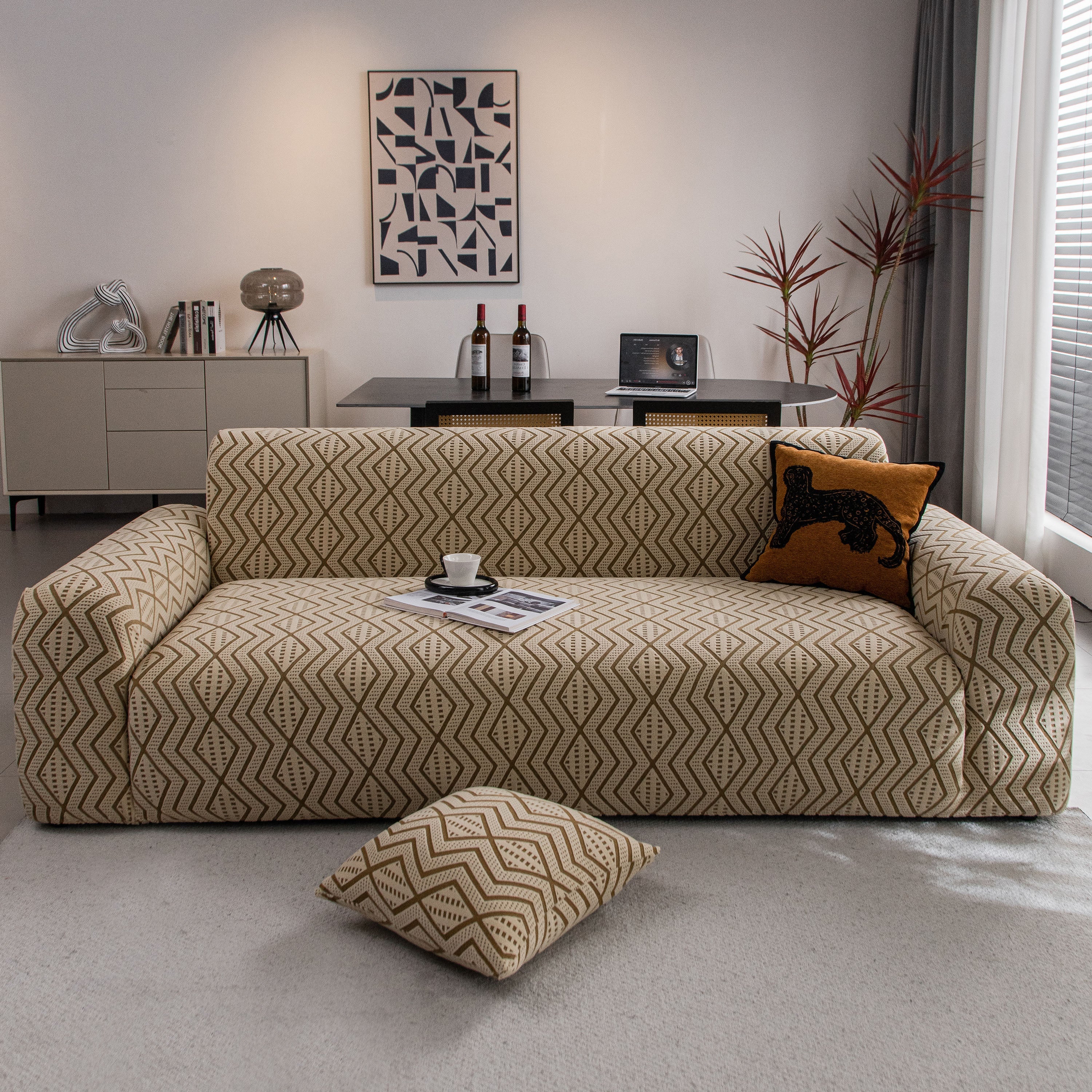 Modern Geometric Jacquard Sofa Slipcover, High Stretch 1-Piece Textured Couch Cover - Image 2
