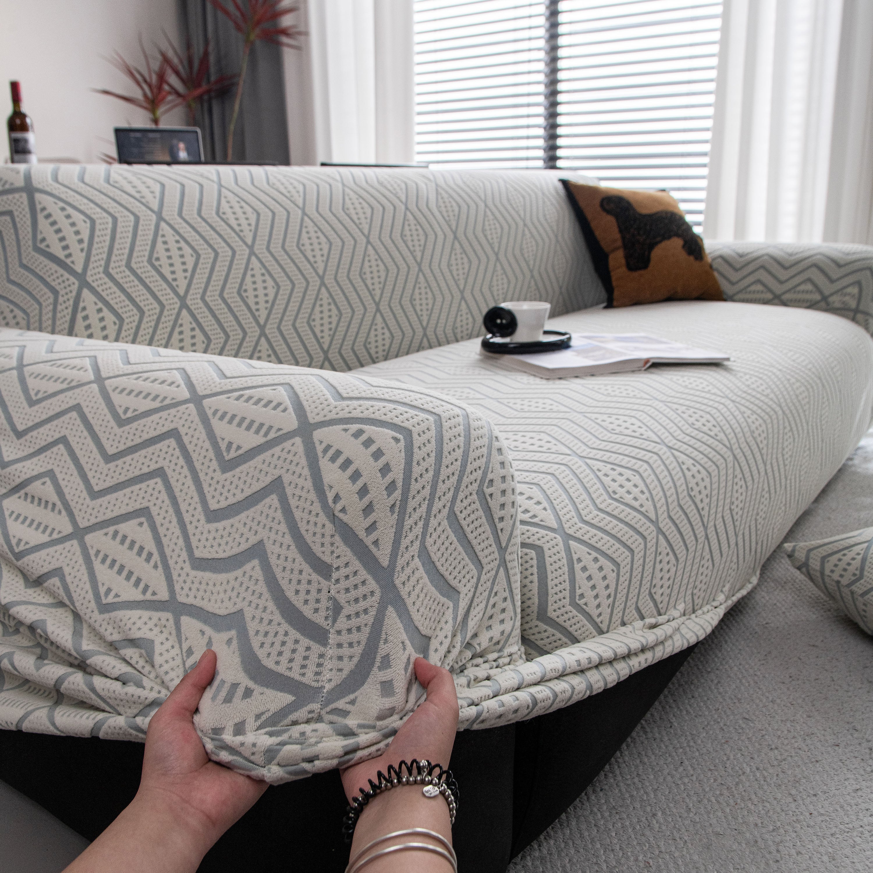 Modern Geometric Jacquard Sofa Slipcover, High Stretch 1-Piece Textured Couch Cover - Image 42