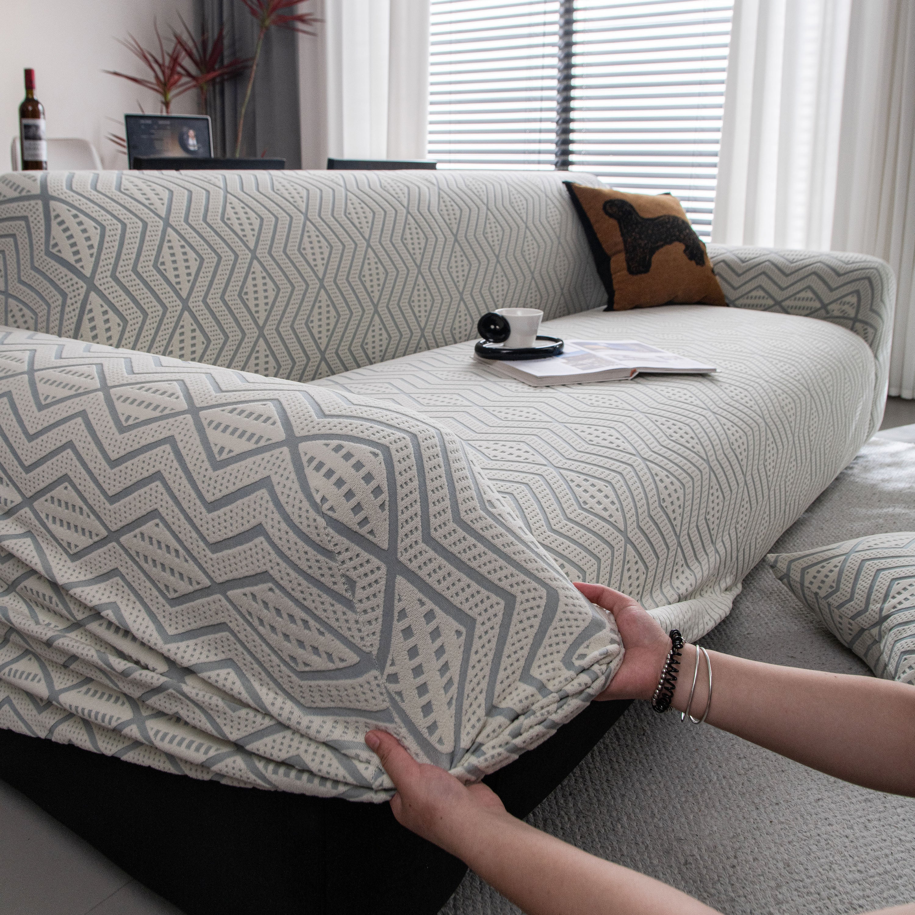 Modern Geometric Jacquard Sofa Slipcover, High Stretch 1-Piece Textured Couch Cover - Image 43