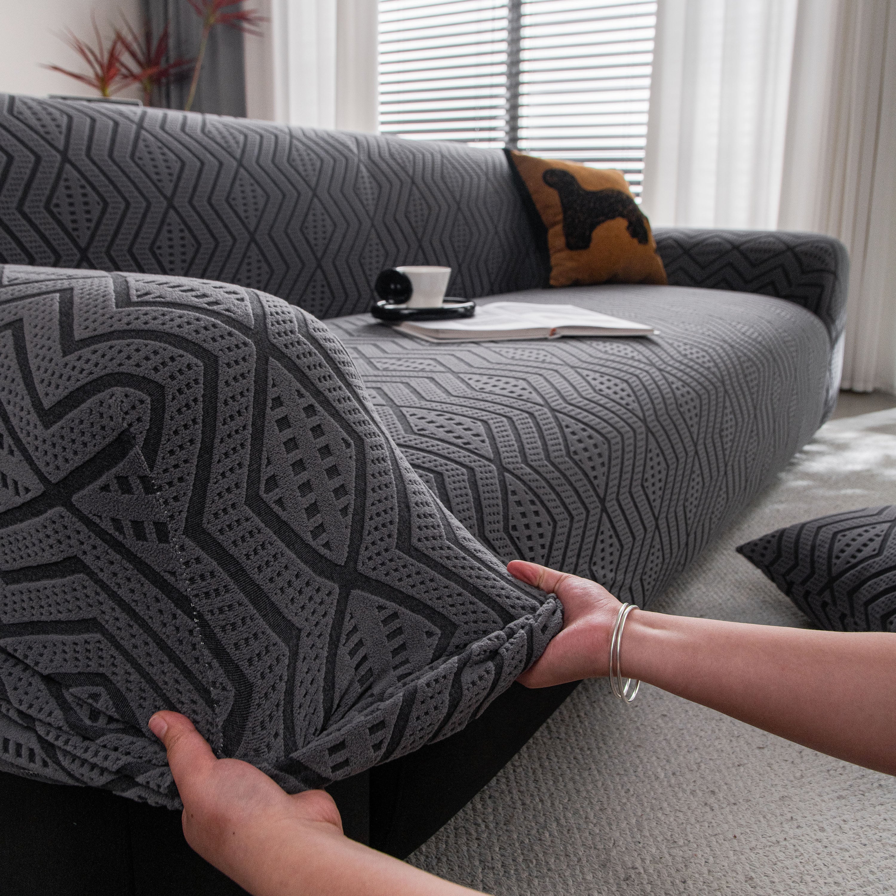Modern Geometric Jacquard Sofa Slipcover, High Stretch 1-Piece Textured Couch Cover - Image 61