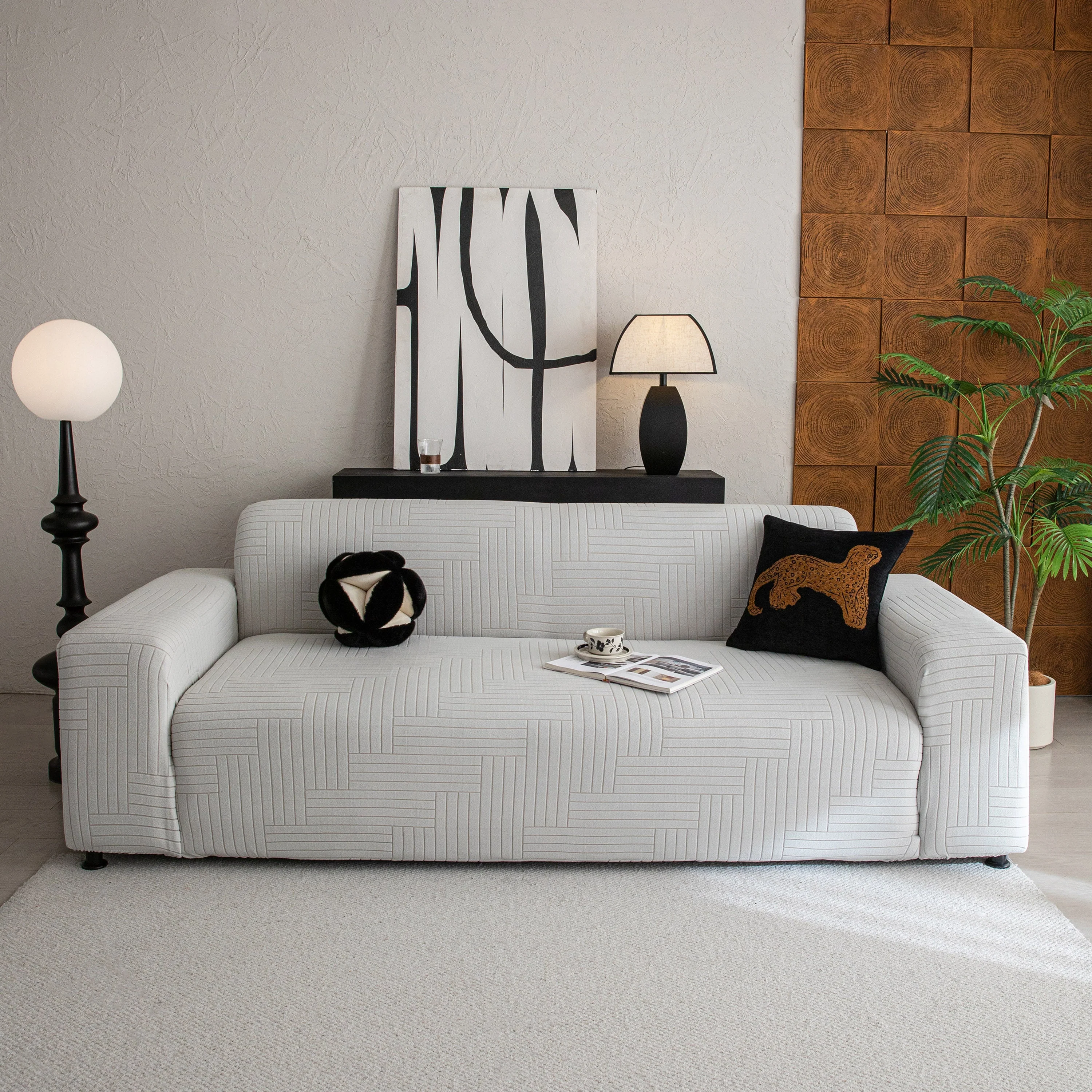 Modern Geometric Jacquard Spandex Slipcover, High Stretch Form Fitting Couch Cover - Image 2