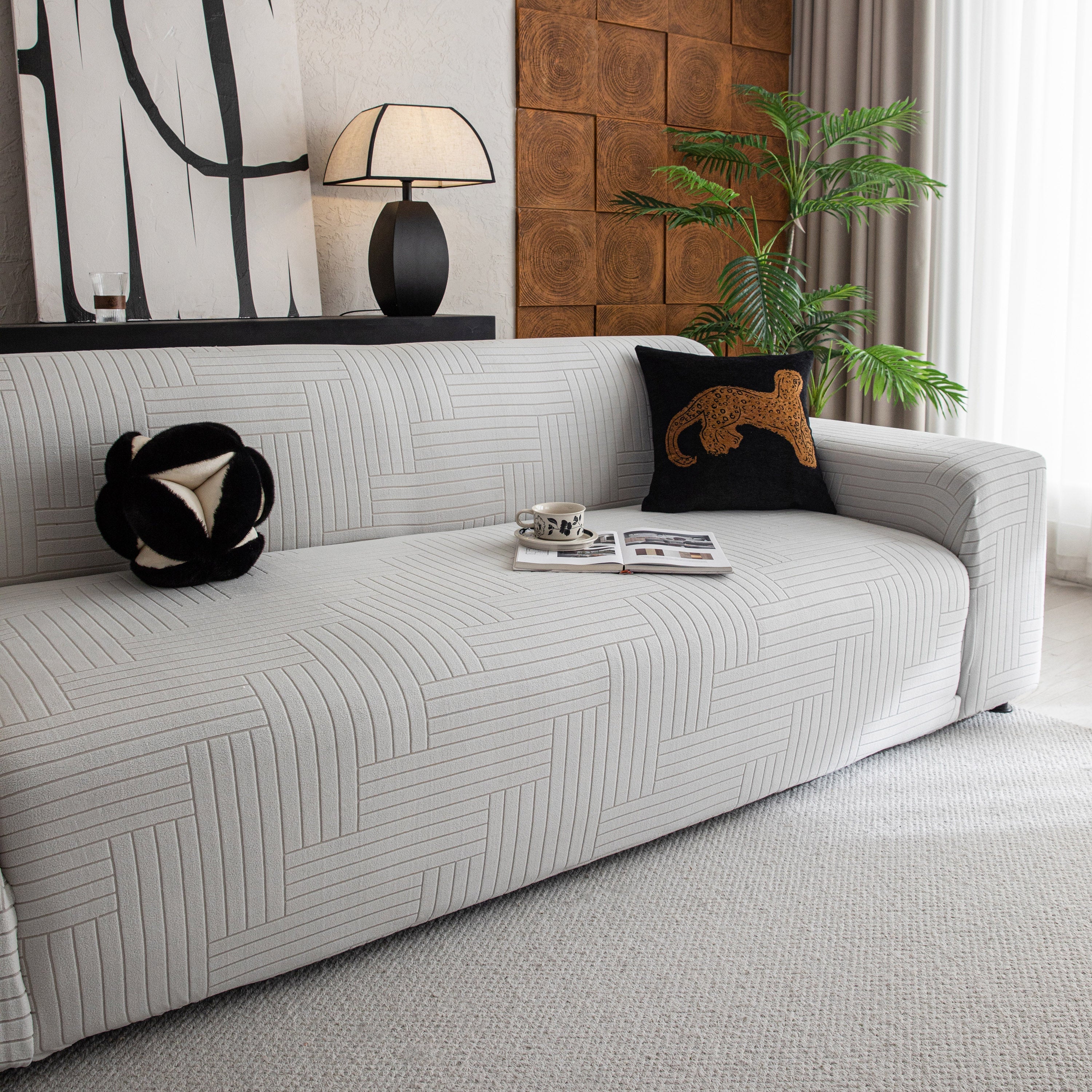 Modern Geometric Jacquard Spandex Slipcover, High Stretch Form Fitting Couch Cover - Image 3