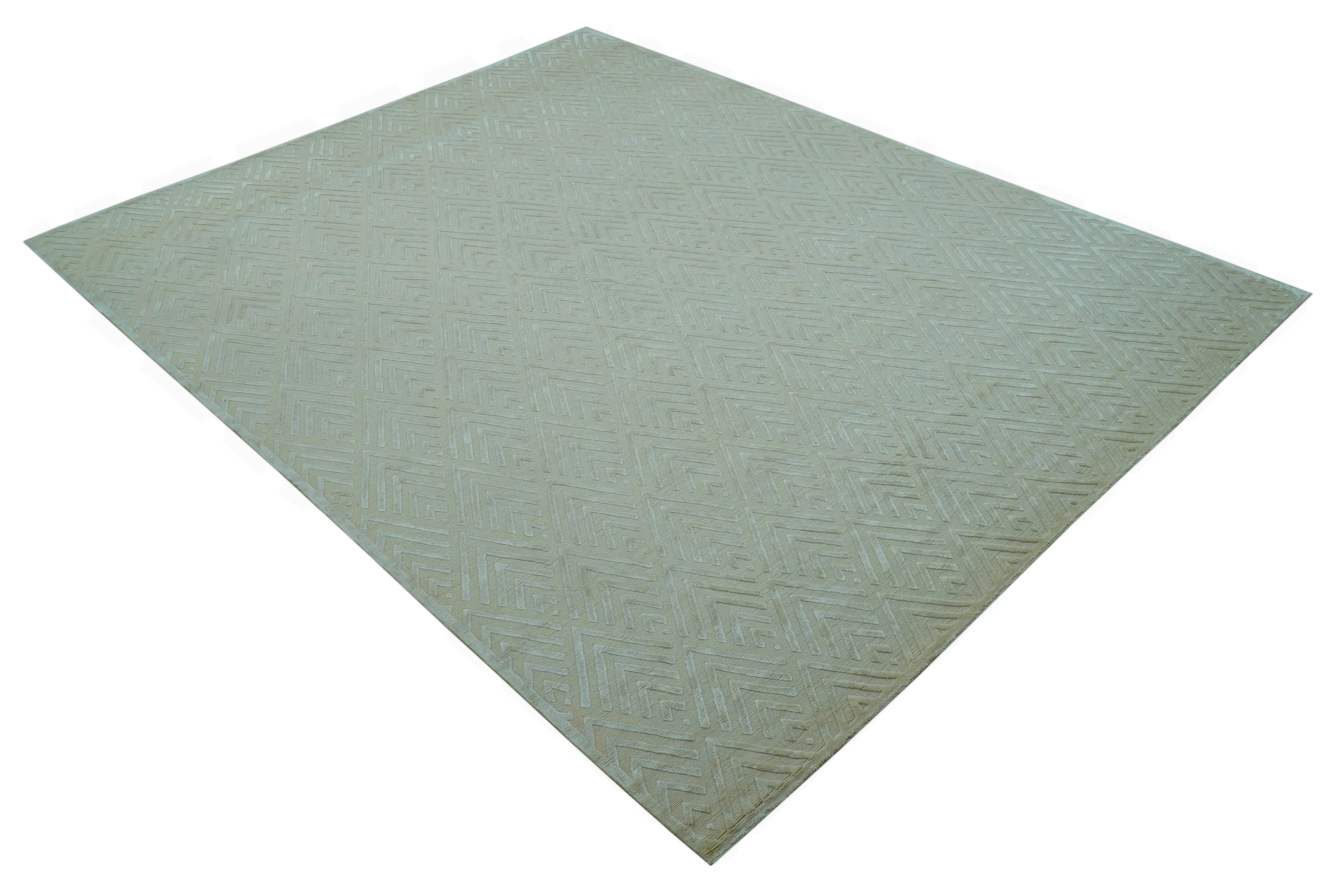 Modern Geometric Pattern Ivory And Beige Hand Knotted 9x12 Area Rug - Image 11