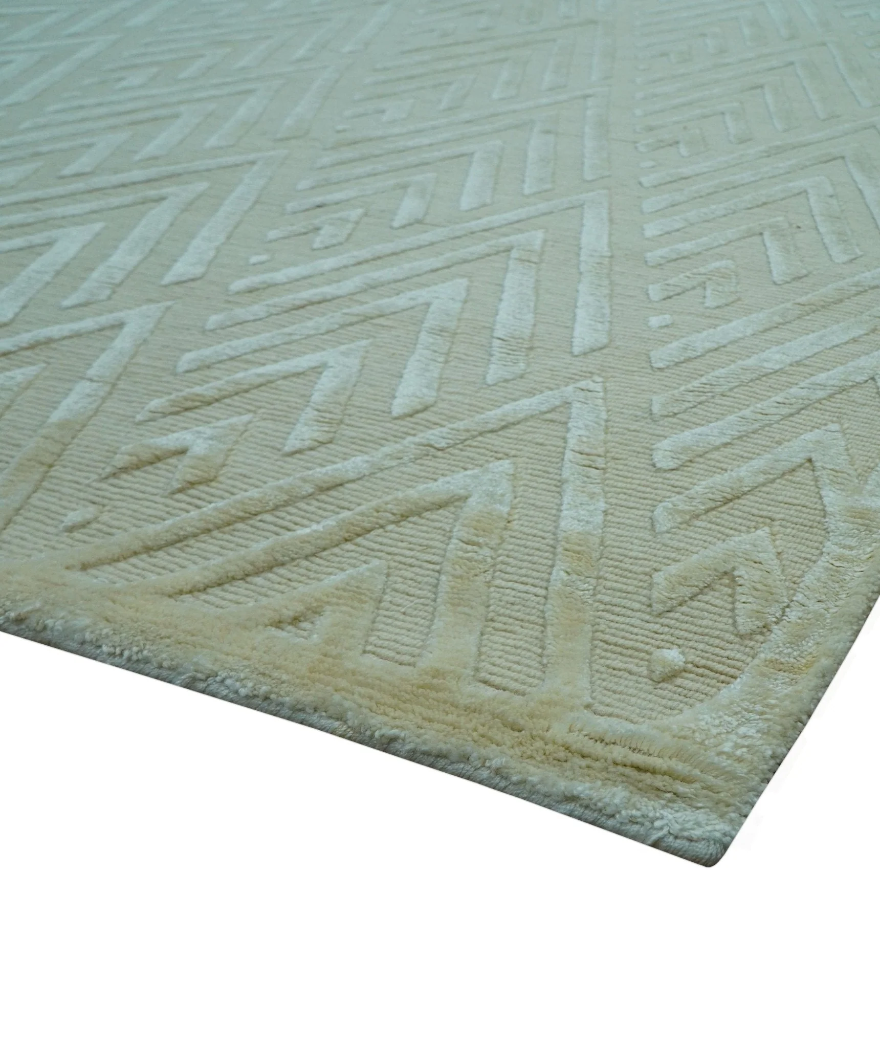 Modern Geometric Pattern Ivory And Beige Hand Knotted 9x12 Area Rug - Image 3