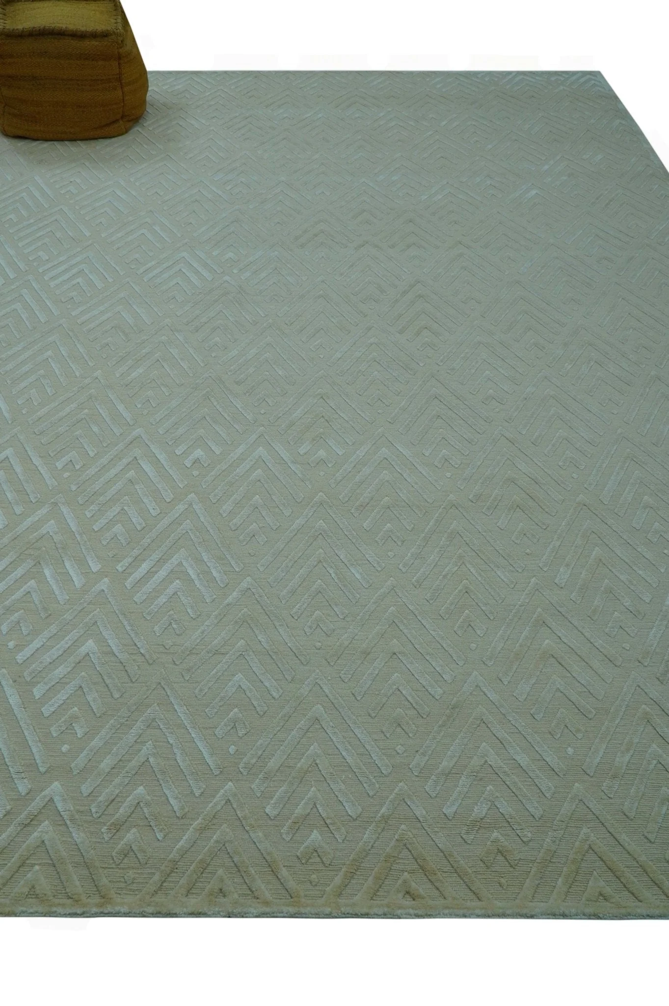 Modern Geometric Pattern Ivory And Beige Hand Knotted 9x12 Area Rug - Image 9