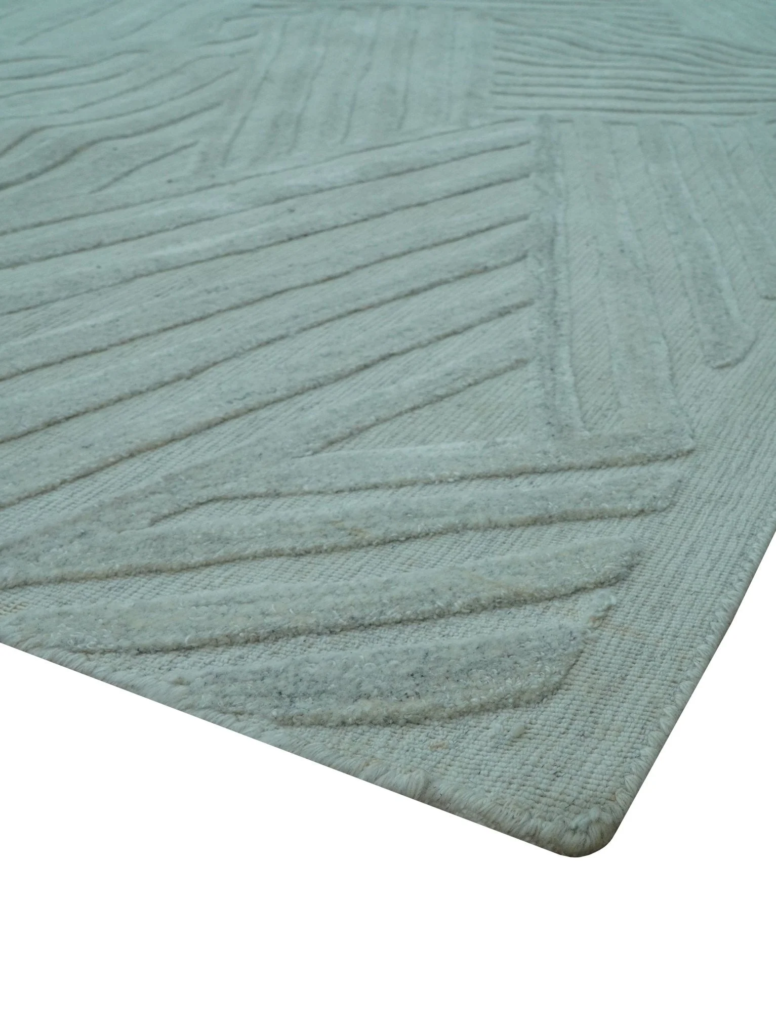 Modern Geometrical Pattern Ivory and Silver Hand Knotted 10x13 Wool Rug - Image 3