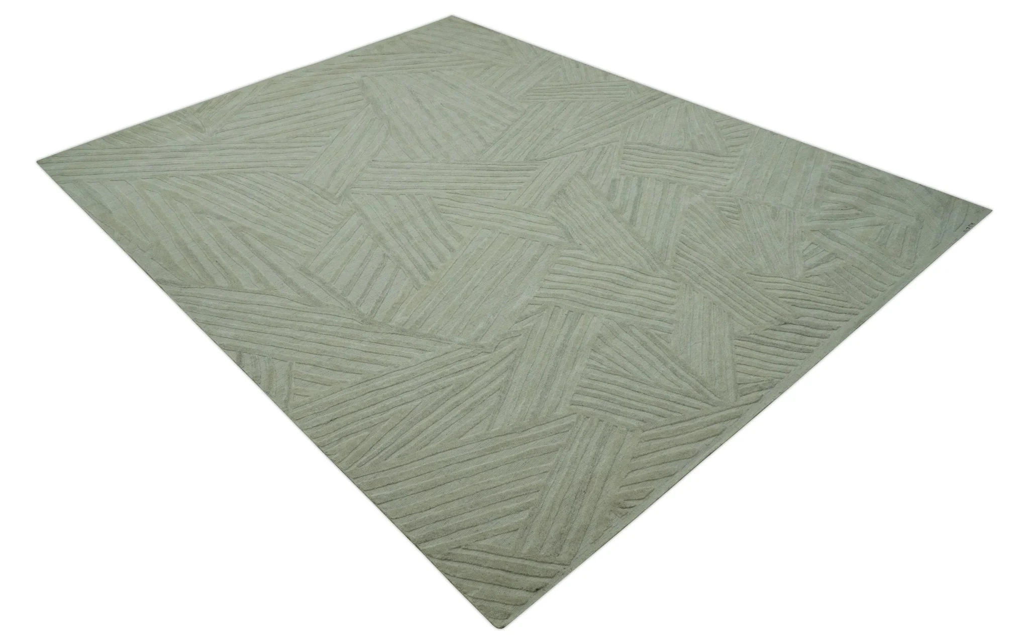 Modern Geometrical Pattern Silver Hand Knotted 10x13 Wool Area Rug - Image 11